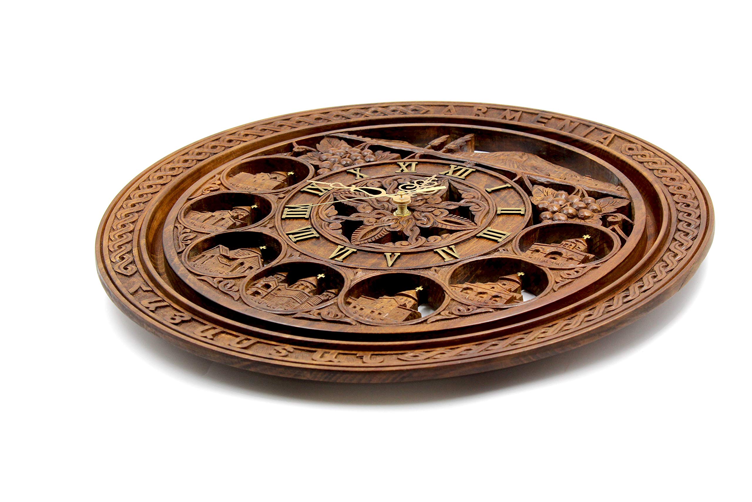 Handmade Carved Wooden Clock with Armenian Ornament - Ararat Mountain Wall Decor, Unique Wood Art Gift for Home, Office & Cabin Decorations