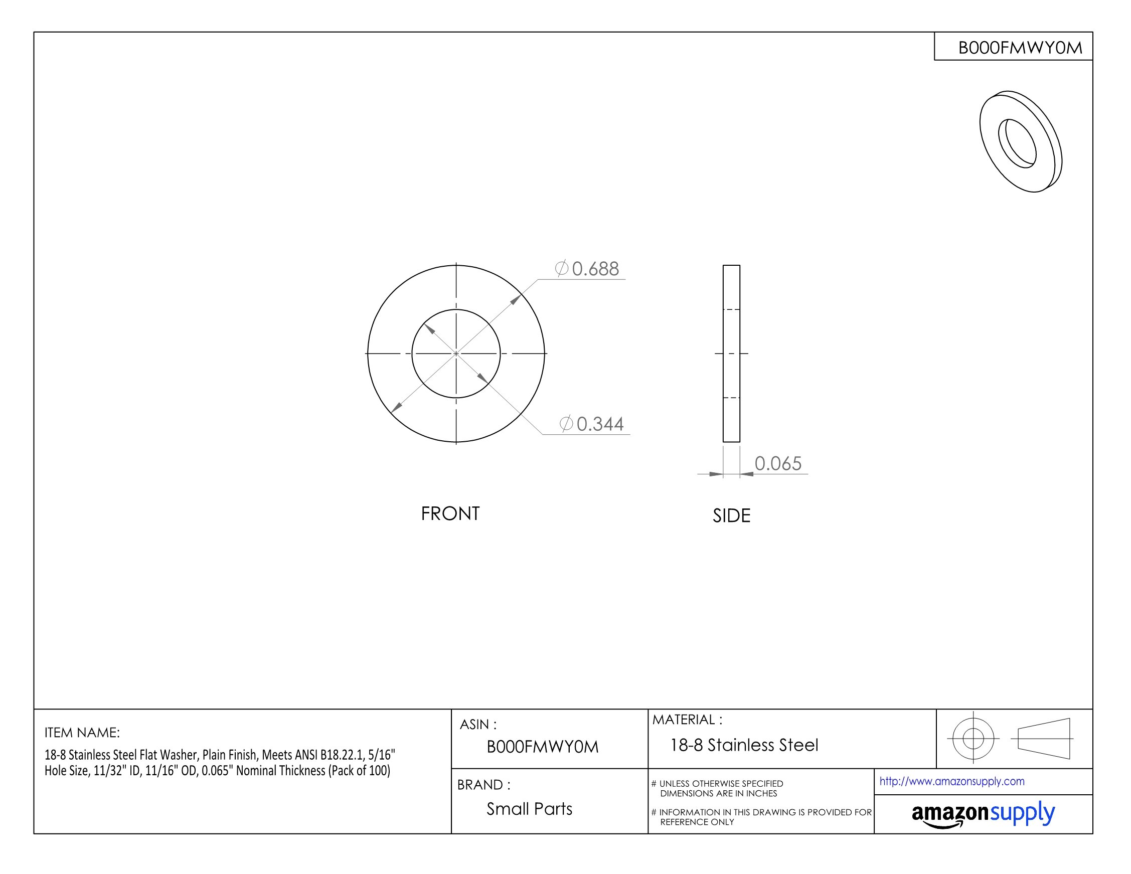18-8 Stainless Steel Flat Washer 1/4