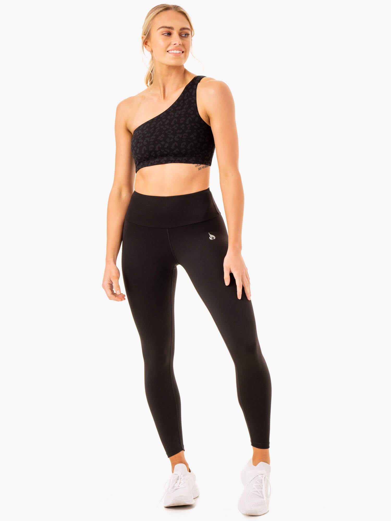Adapt One Shoulder Sports Bra - Black Leopard Print for Yoga, Running & Gym Workouts