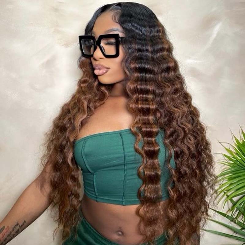 Eullair Ombre 3 Tones T1b/4/30 Highlight Deep Wave Human Hair Wig with Transparent HD Lace Frontal for Women - Perfect for Daily Wear, Parties & Special Occasions