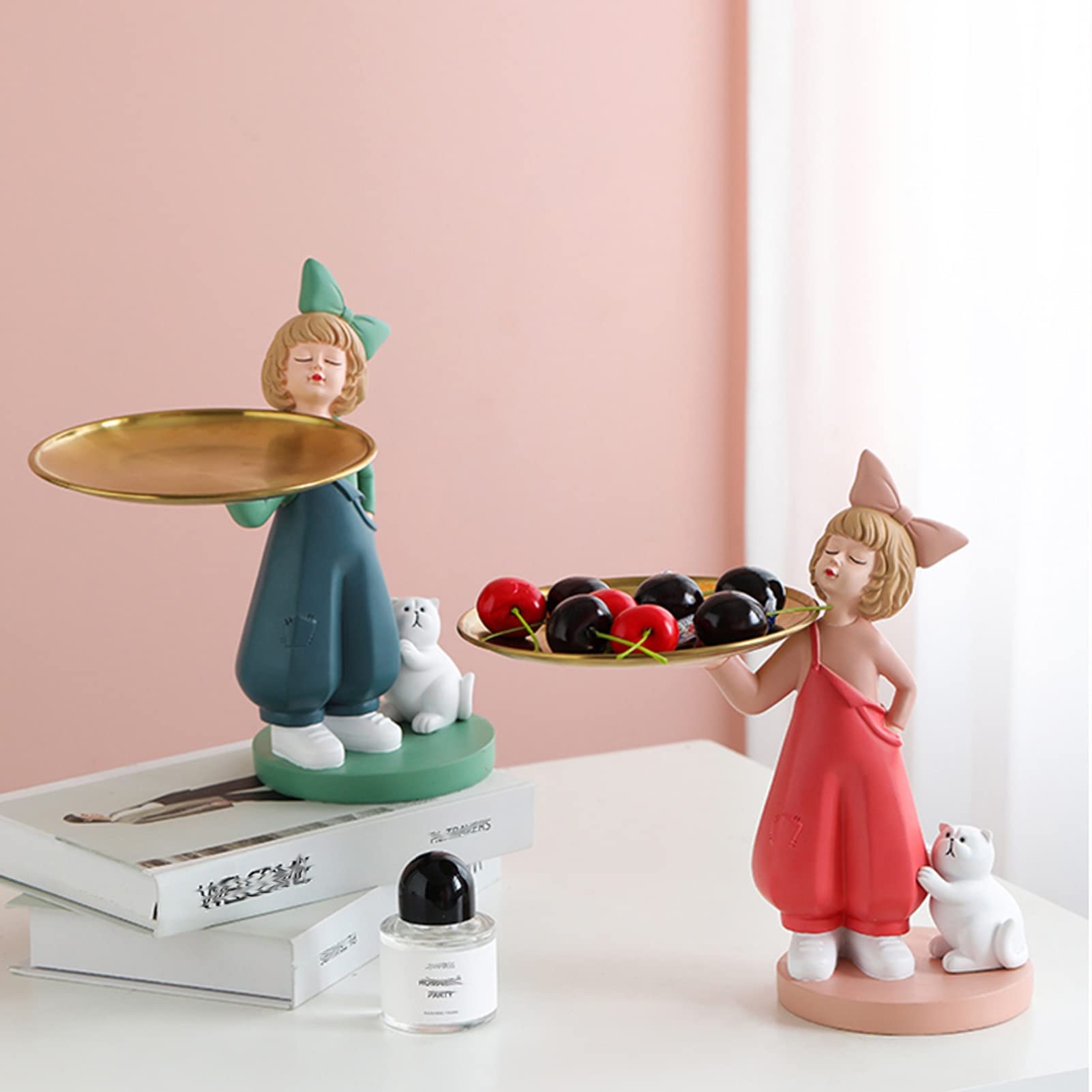 Cute Girl Cat Resin Statue with Storage Tray - Modern Home Decor Sculpture for Jewelry, Keys & Candy Storage | Desktop Organizer for Office & Bedroom Decor