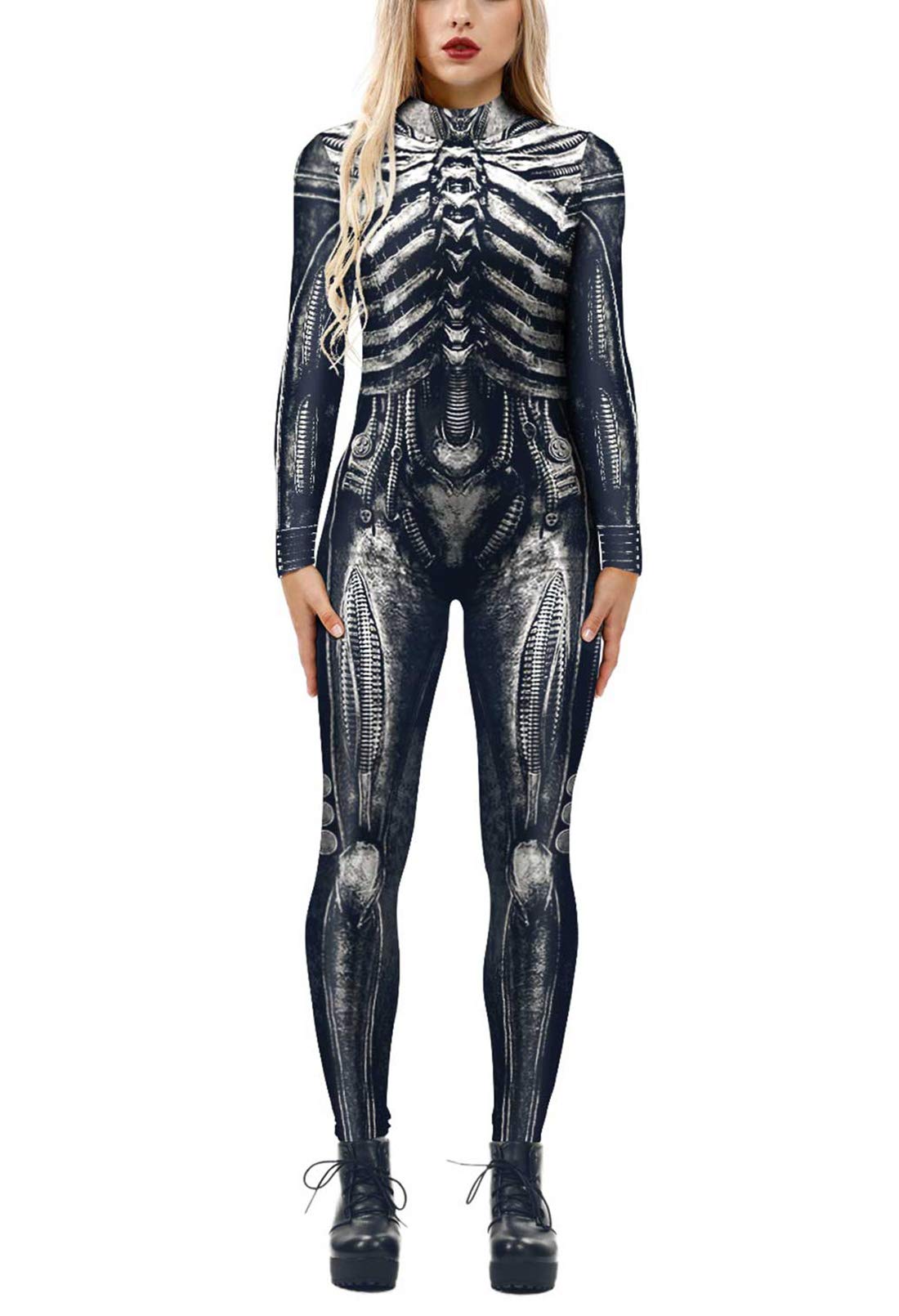Fixmatti Women's Skull Print Long Sleeve Jumpsuit - Halloween Party Costume Outfit for Women | Gothic Fashion, Cosplay & Theme Party Wear