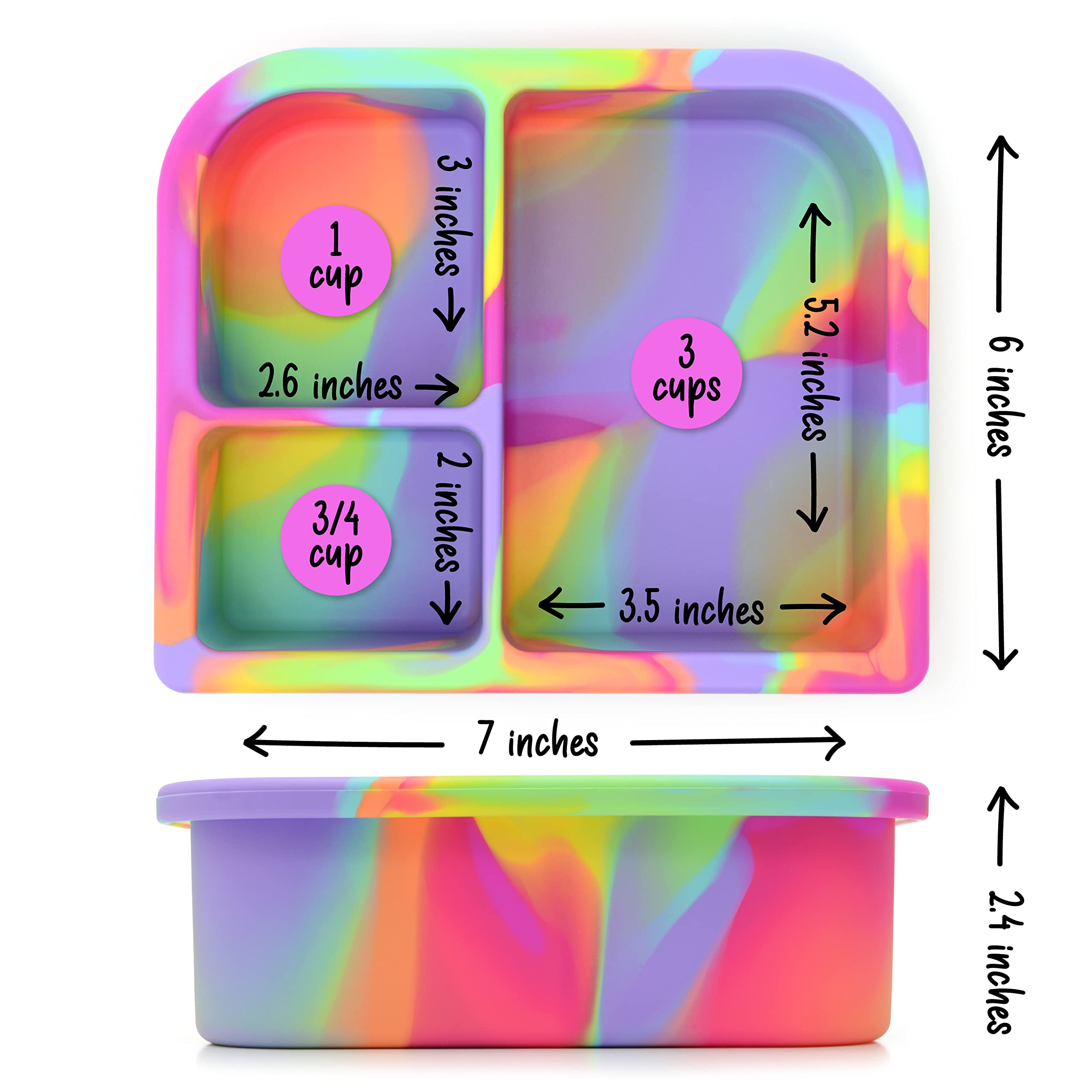 PrimaStella Unbreakable Silicone Lunch Box for Kids & Adults - Leak Proof Divided Bento Box with Lid (Rainbow Swirl) - Perfect for School, Office, Picnics & Meal Prep
