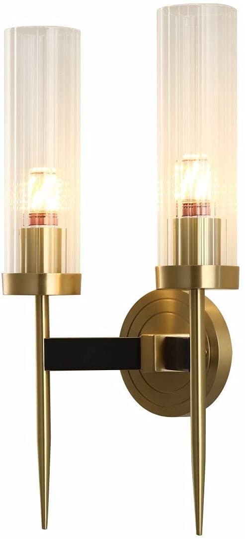 Modern Double Head Wall Lamp with Crystal Cylindrical Shade - 2-Light Minimalist Wall Sconce for Bathroom, Bedroom & Living Room - Elegant Vanity Lighting for Hallway, Dressing Area & Home Decor