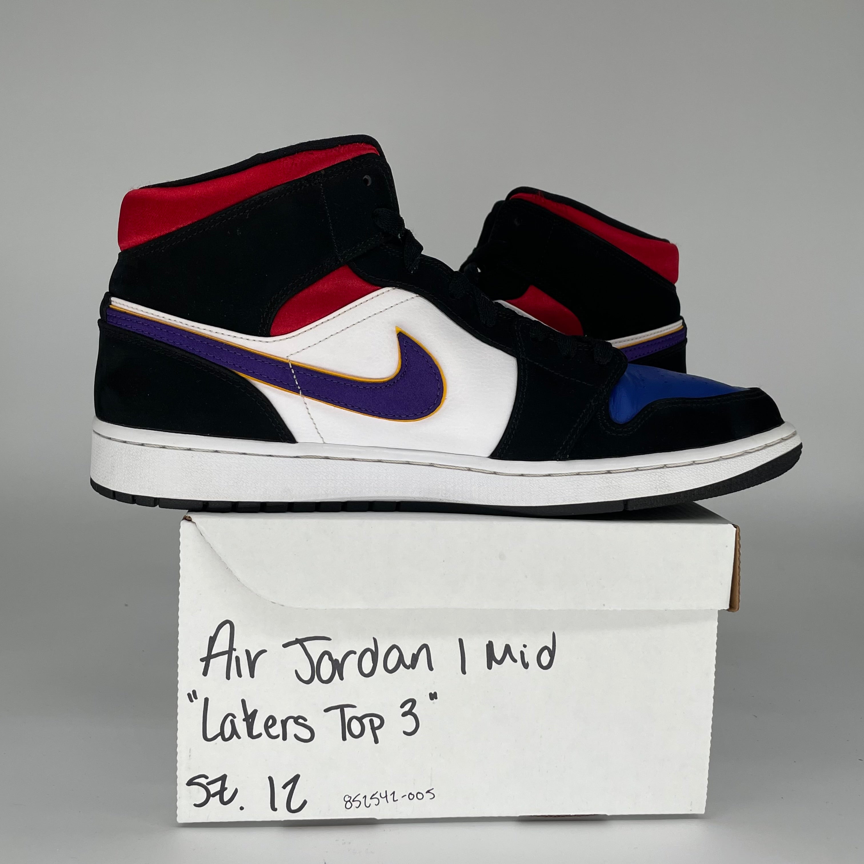AIR JORDAN 1 MID LAKERS TOP 3 Basketball Shoes - Men's Size 12 (852542-005) - Purple, Gold & Black Colorway - Perfect for Streetwear, Sneaker Collecting & Basketball Games
