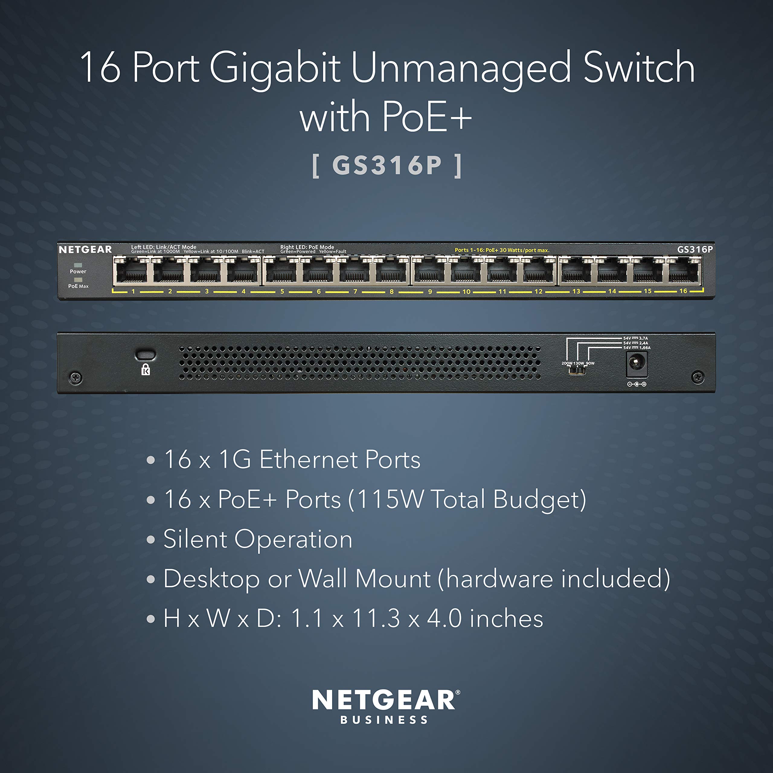 NETGEAR GS316P 16-Port Gigabit Ethernet Unmanaged PoE+ Switch | 115W Power | Desktop/Wall Mount | Ideal for Home Office, Small Business & IP Camera Systems