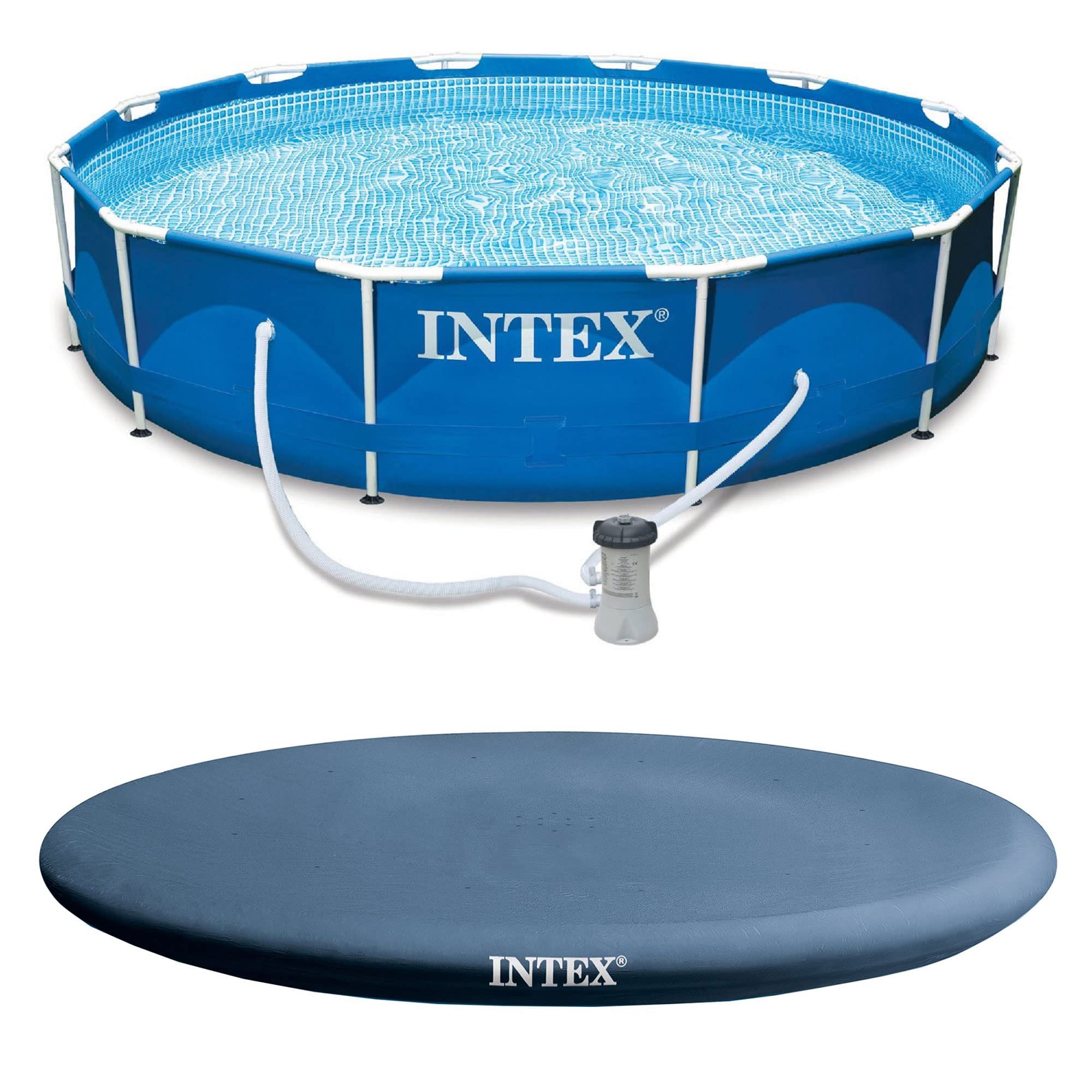Intex 12ft x 30in Round Metal Frame Above Ground Swimming Pool Set with Filter Pump & Vinyl Cover - Perfect for Backyard Family Fun, Summer Parties & Outdoor Relaxation