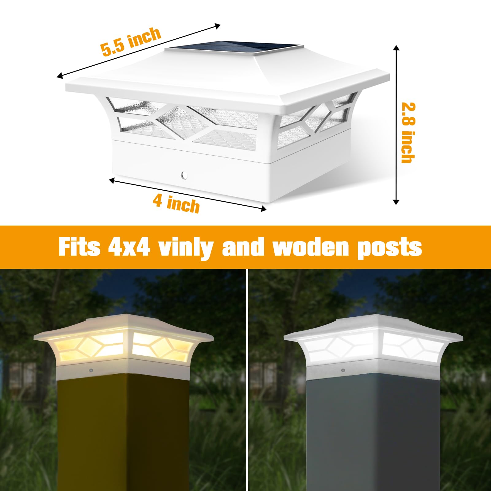 Solar Fence Post Lights - 4x4 Solar Post Cap Lights for Vinyl Fence, Waterproof Outdoor Solar Deck Lights in Warm White/Cool White - Perfect for Garden Pathway, Patio, Deck and Backyard Decoration Lighting