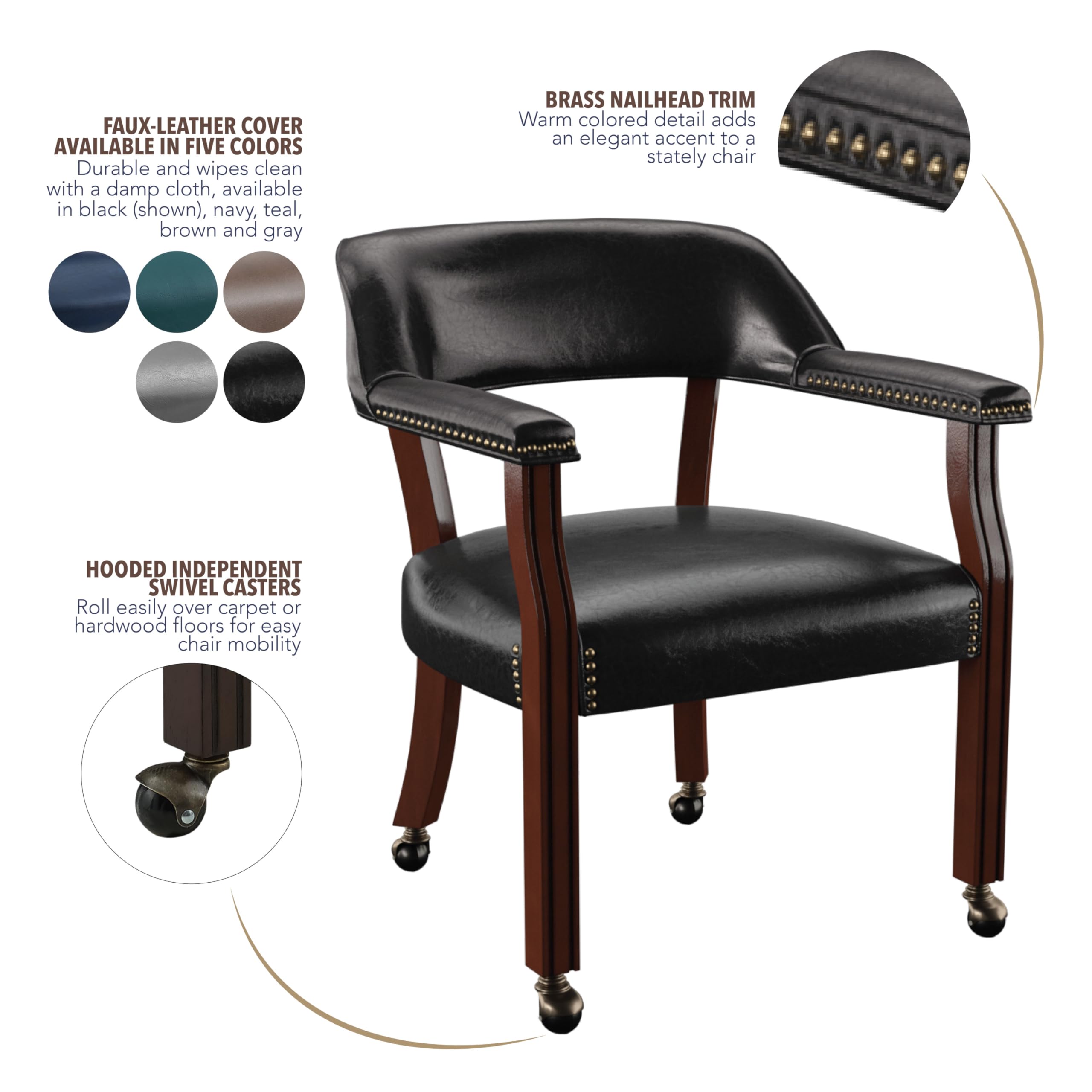 Steve Silver Co Tournament Arm Dining Chair with Casters - Upholstered Vegan Leather with Nailhead Trim - 25