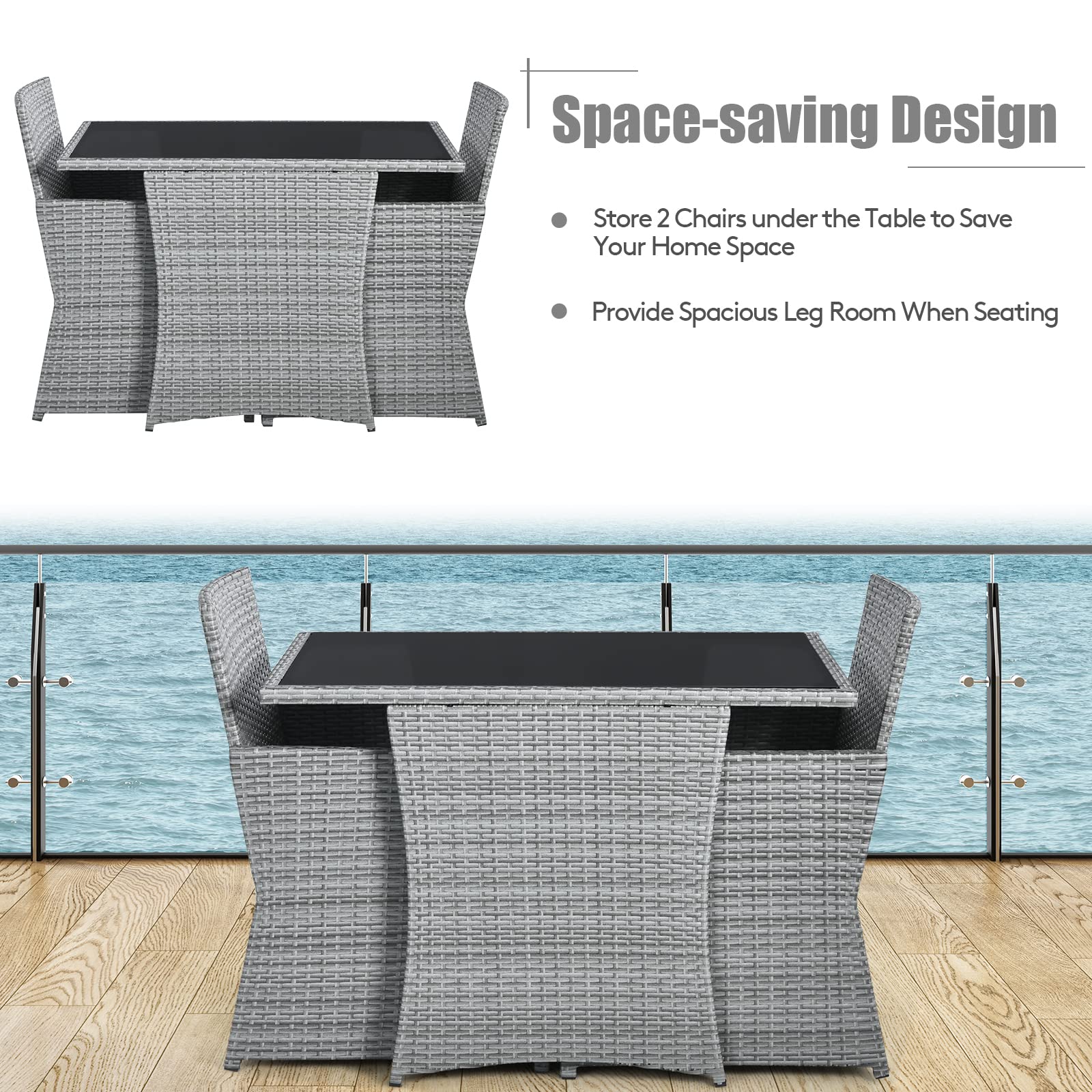 Tangkula 3-Piece Outdoor Dining Set - PE Rattan Bistro Set with Tempered Glass Table & Cushioned Chairs - Space-Saving Patio Furniture for Garden, Backyard, Poolside, Porch - Perfect for Al Fresco Dining, Outdoor Entertaining & Relaxation