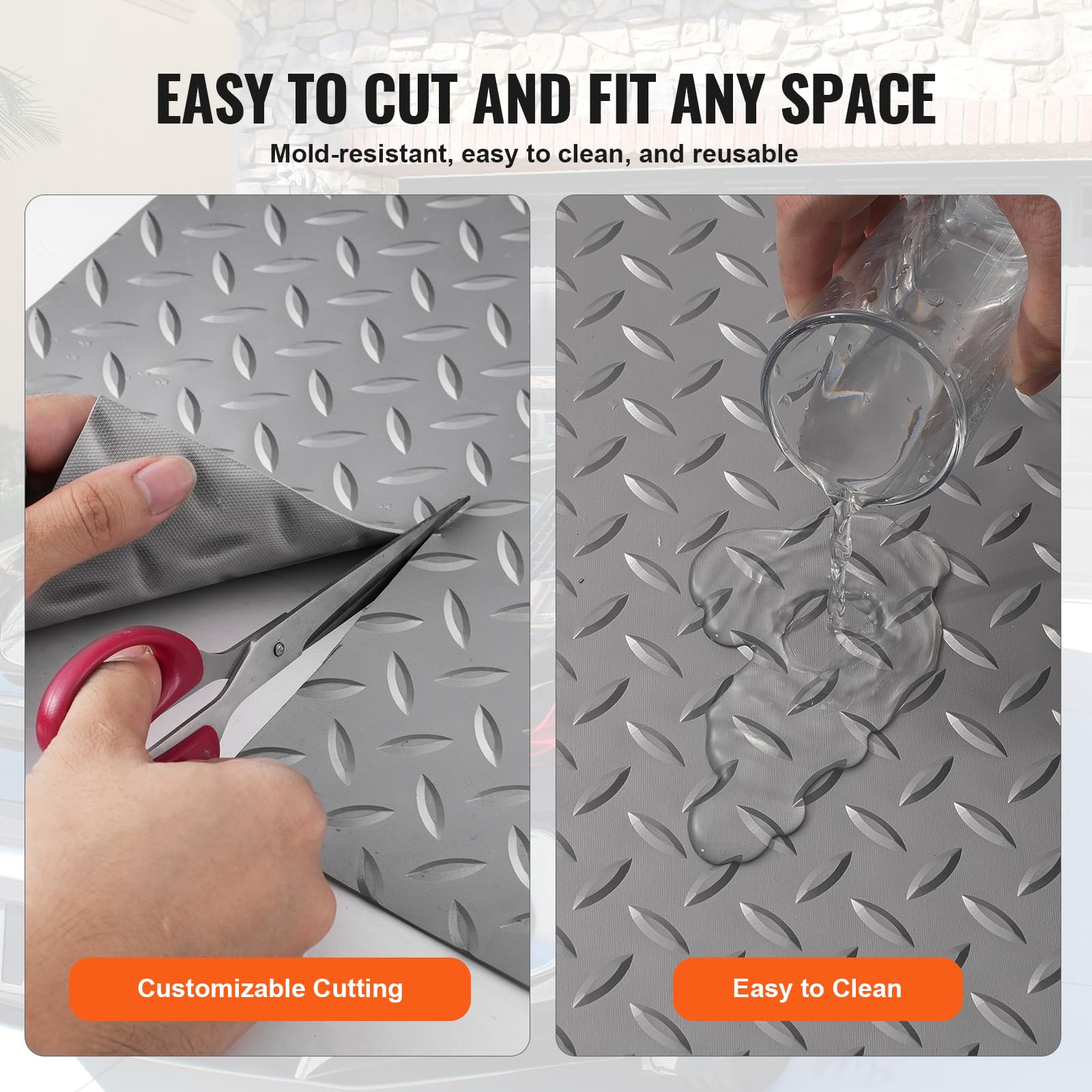 VEVOR 19 x 4.9 FT PVC Garage Floor Mat with Non-Slip Diamond Texture - 93.65 sq.ft Coverage - Heavy Duty Garage Flooring Roll for Cars, Gyms, Boats & Trailers - Gray - Perfect for Workshop Protection & Vehicle Parking