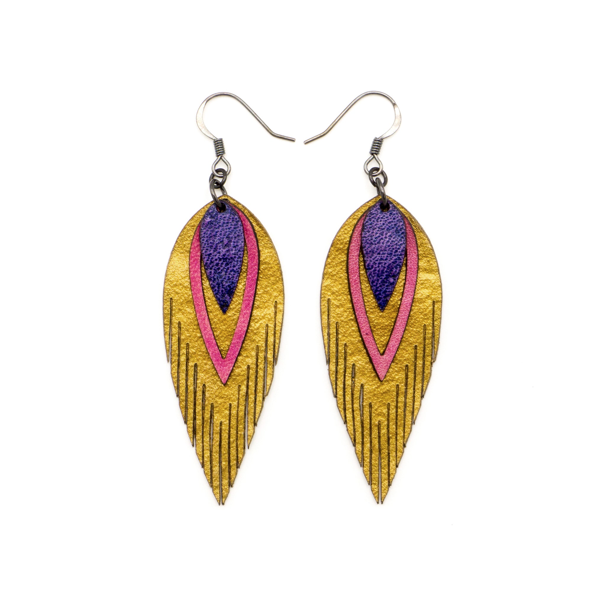 3 Layer Genuine Leather Earrings for Women - Gold, Fuchsia, Purple | Boho Chic Handmade Dangle Earrings | Perfect for Parties, Weddings & Everyday Wear