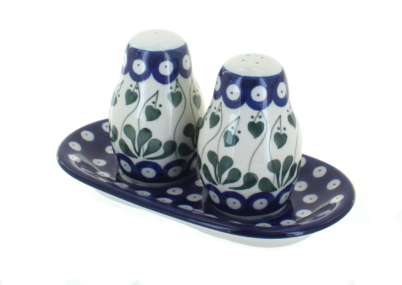 Blue Rose Polish Pottery Alyce Salt and Pepper Shakers Set with Decorative Tray - Elegant Dining Table Decor for Kitchen, Wedding Gift, or Home Collection