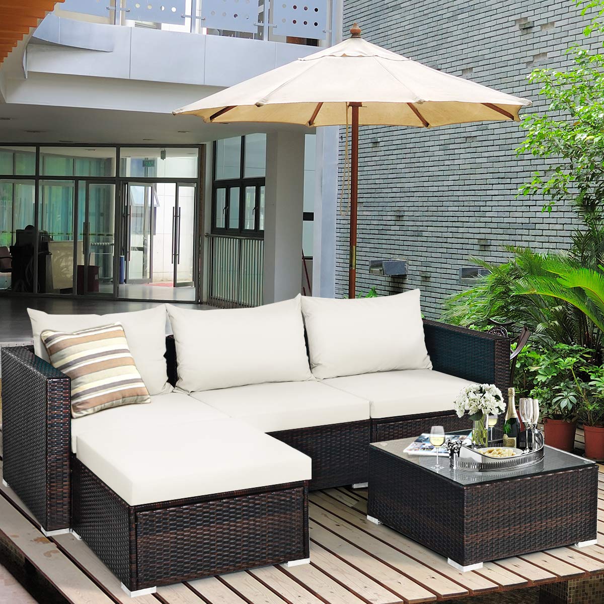 Tangkula 5-Piece Outdoor Patio Furniture Set - Sturdy Wicker Sectional Sofa with Glass Top Coffee Table, 360lb Weight Capacity - Perfect for Porch, Garden, Poolside & Backyard Relaxation (White)