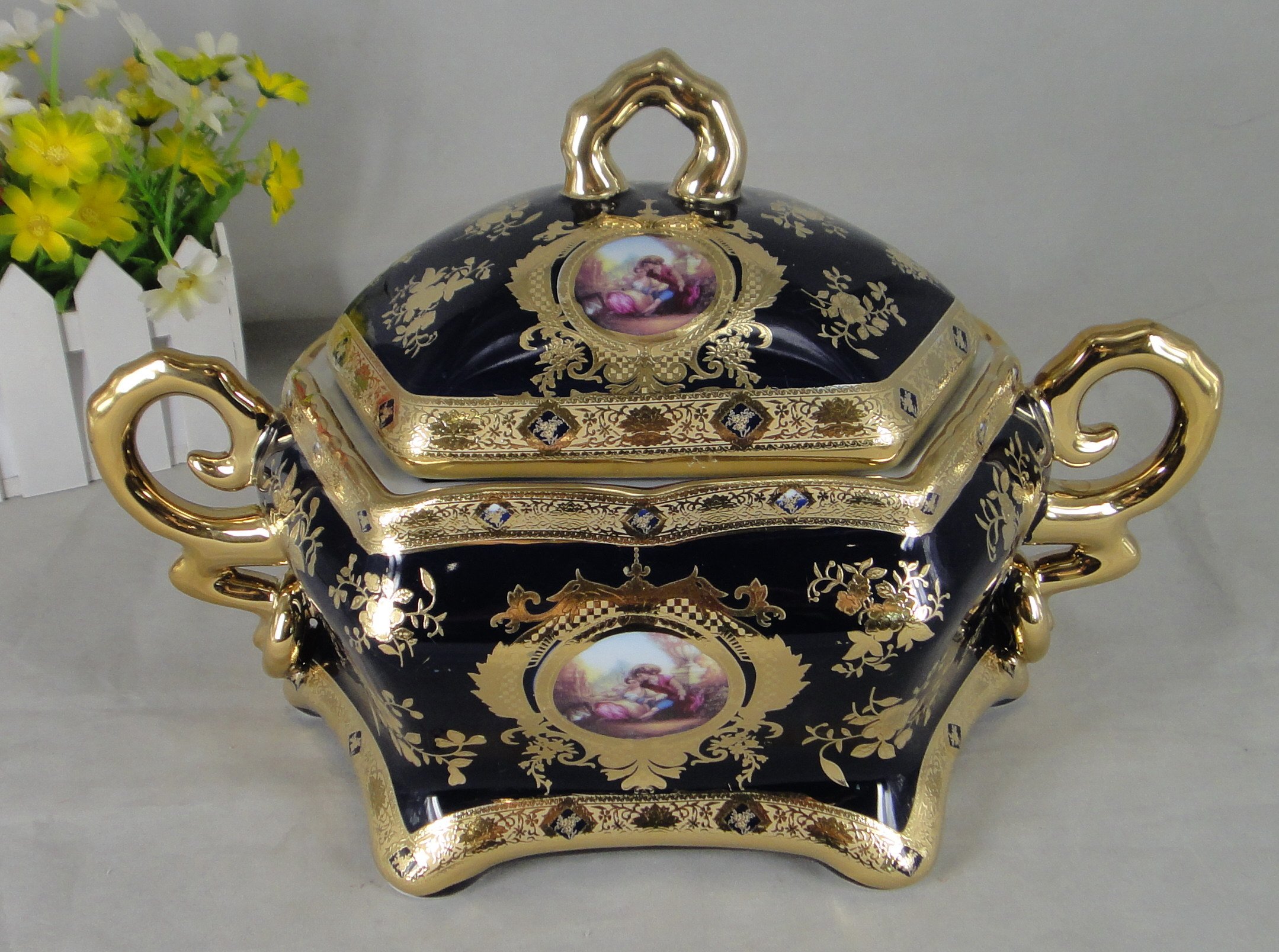 Limoges Style Candy Jar & Tureen Centerpiece - Cobalt Blue & Gold Romance Design, WB1123 | Elegant Table Decor for Weddings, Parties & Home Dining