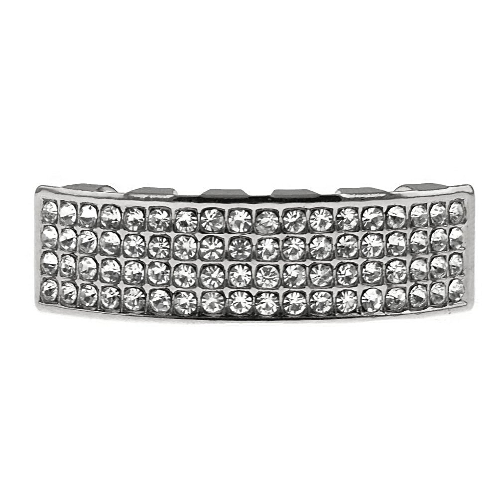 4 Row Silver Tone Hip Hop Grillz for Lower Teeth - Bling Mouth Jewelry for Men & Women - Perfect for Parties, Concerts & Rap Performances