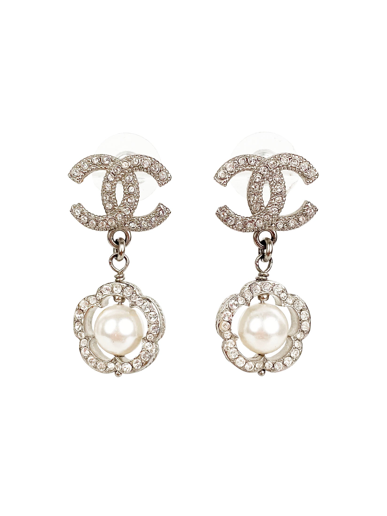 Chanel CC Crystal Flower Framed Pearl Earrings - Luxury Fashion Jewelry for Women, Elegant Pearl Dangle Earrings with Crystal Accents | Perfect for Weddings, Parties & Special Occasions