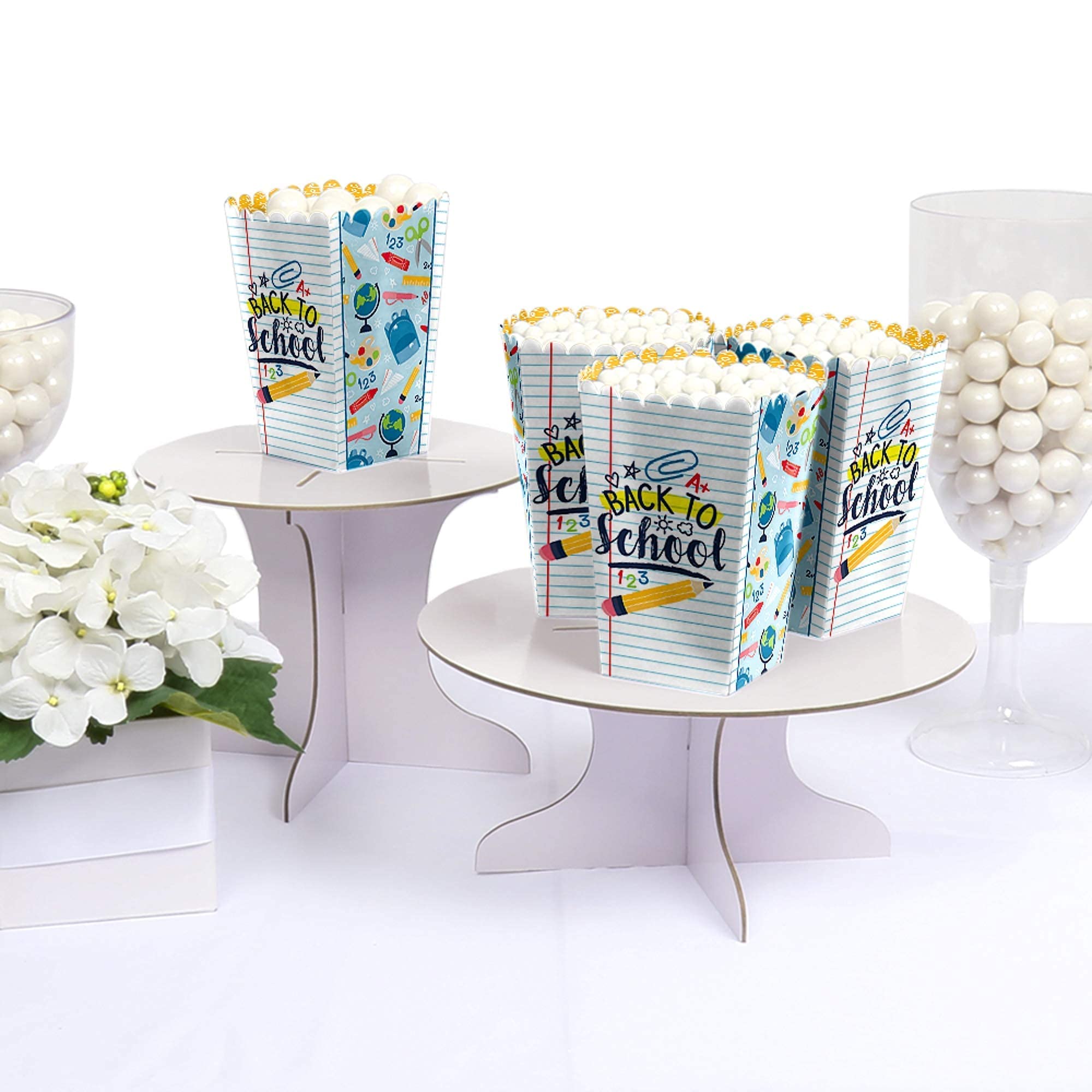 Back to School Party Favors - Bow & Popcorn Boxes, Water Bottle Stickers for Classroom Celebrations