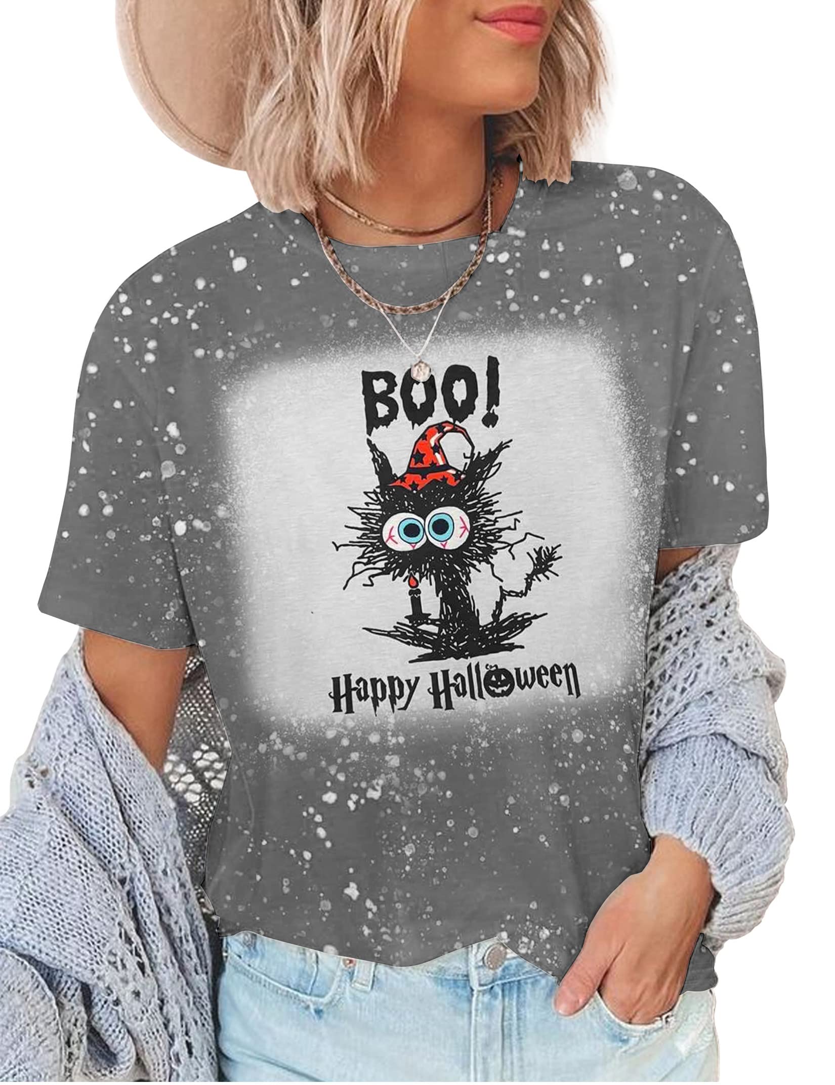 Happy Halloween Bleached T-Shirt for Women - Cute Graphic Tee with Letter Print - Funny Halloween Shirt Top - Perfect for Costume Parties & Spooky Season Outfits