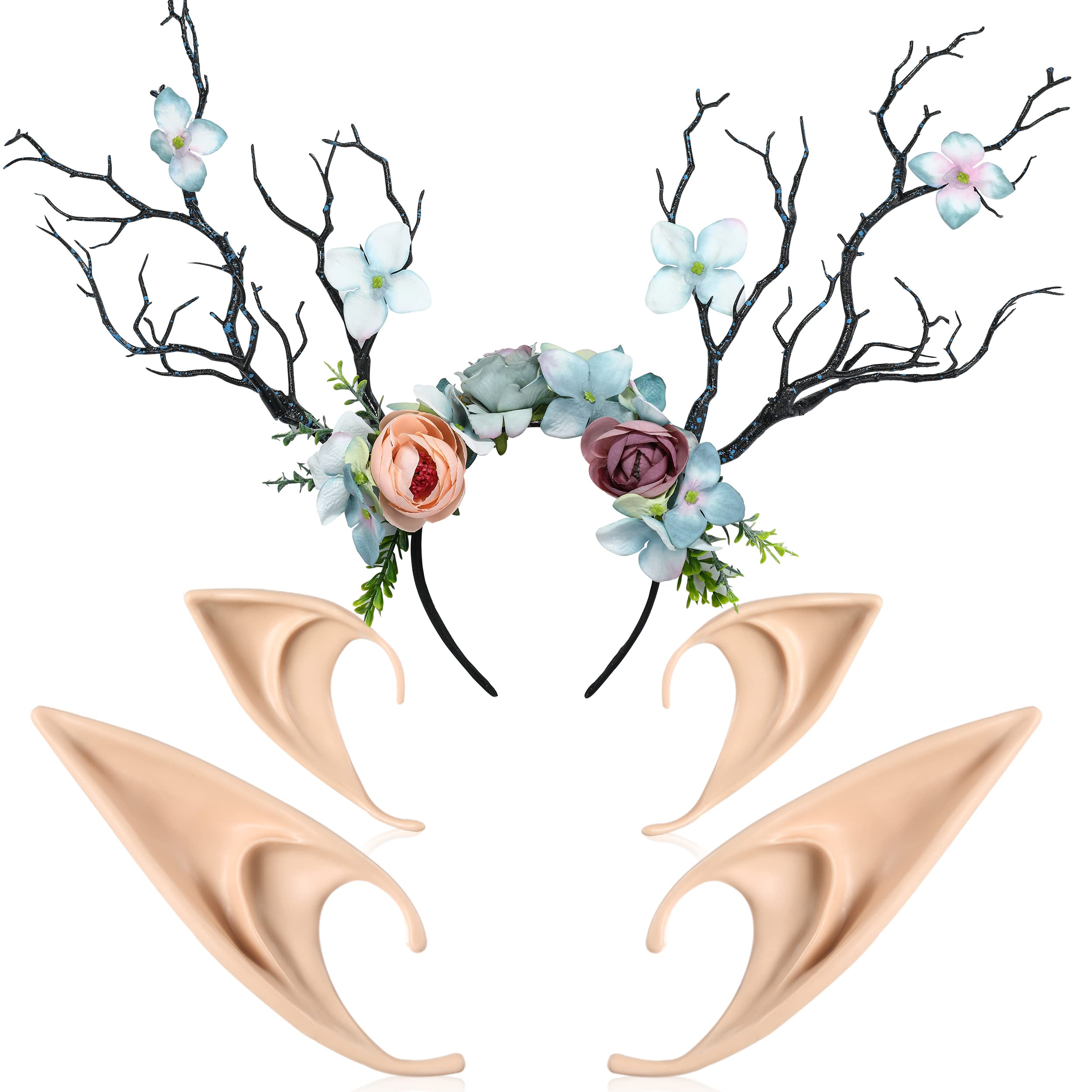 Woodland Antler Crown with Elf Ears & Flower Tiara - Renaissance Fairy Costume Headpiece for Halloween, Cosplay, LARP, Renfaire | Forest Elf Accessories for Fantasy Parties & Photoshoots