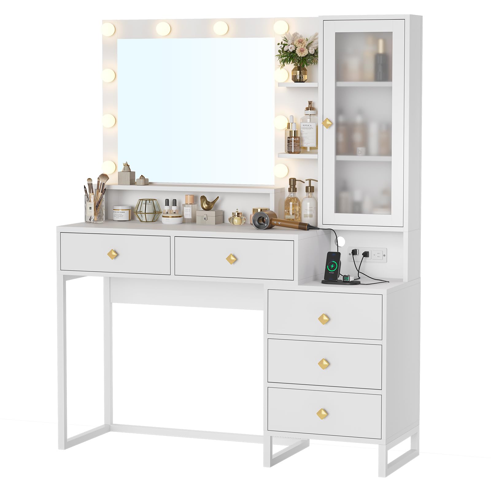 Tiptiper White Makeup Vanity Desk with LED Lights & USB Charging Station - Modern Dressing Table with 5 Drawers, Glass Door & 3 Shelves - Perfect for Bedroom Organization & Beauty Routine