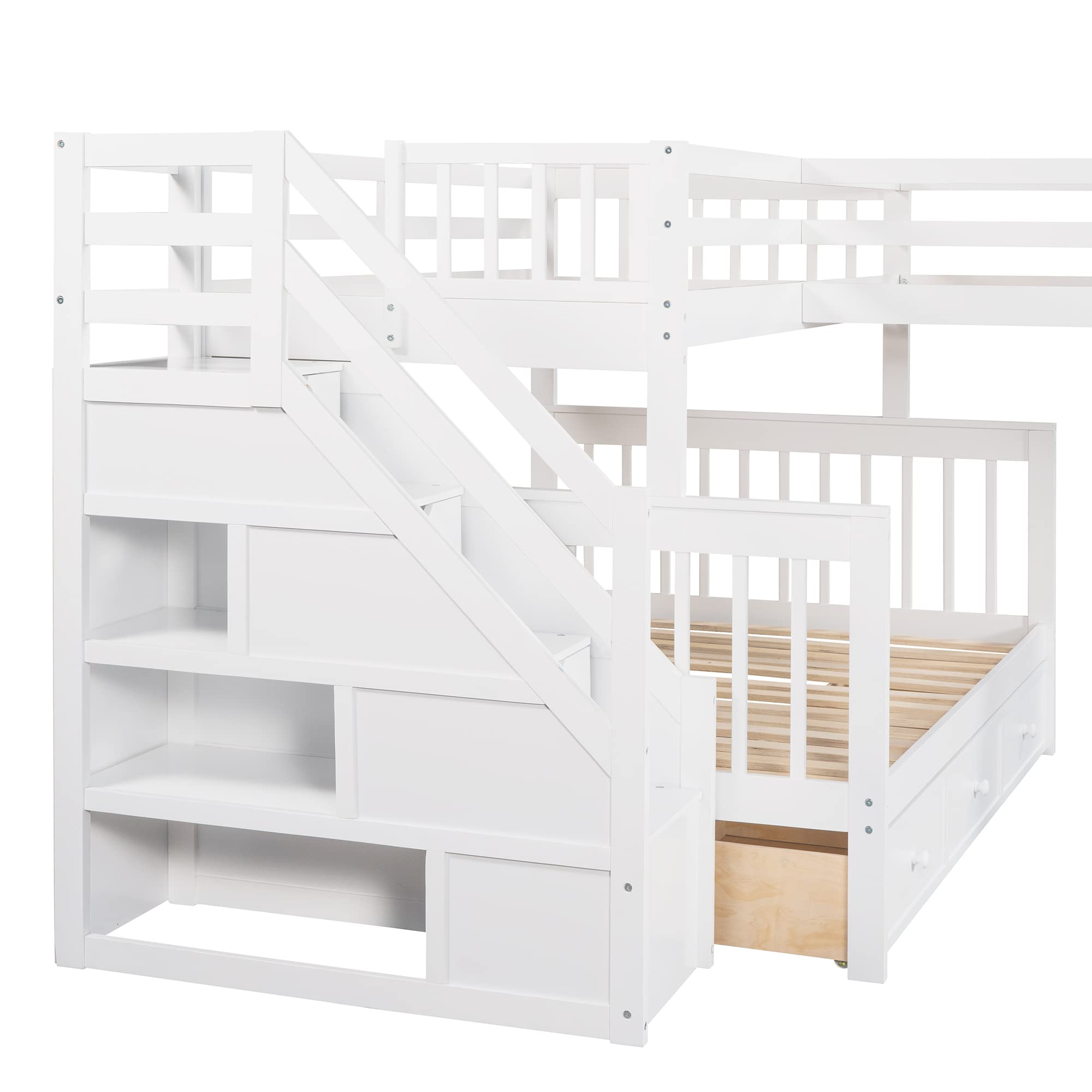 **Twin Over Full L-Shaped Triple Bunk Bed for Kids & Teens - Wooden Corner Bunk Bed with Stairs & Ladder, 3 Storage Drawers, White - Space-Saving Loft Bed for Small Rooms, Shared Kids' Bedrooms & Vacation Homes**