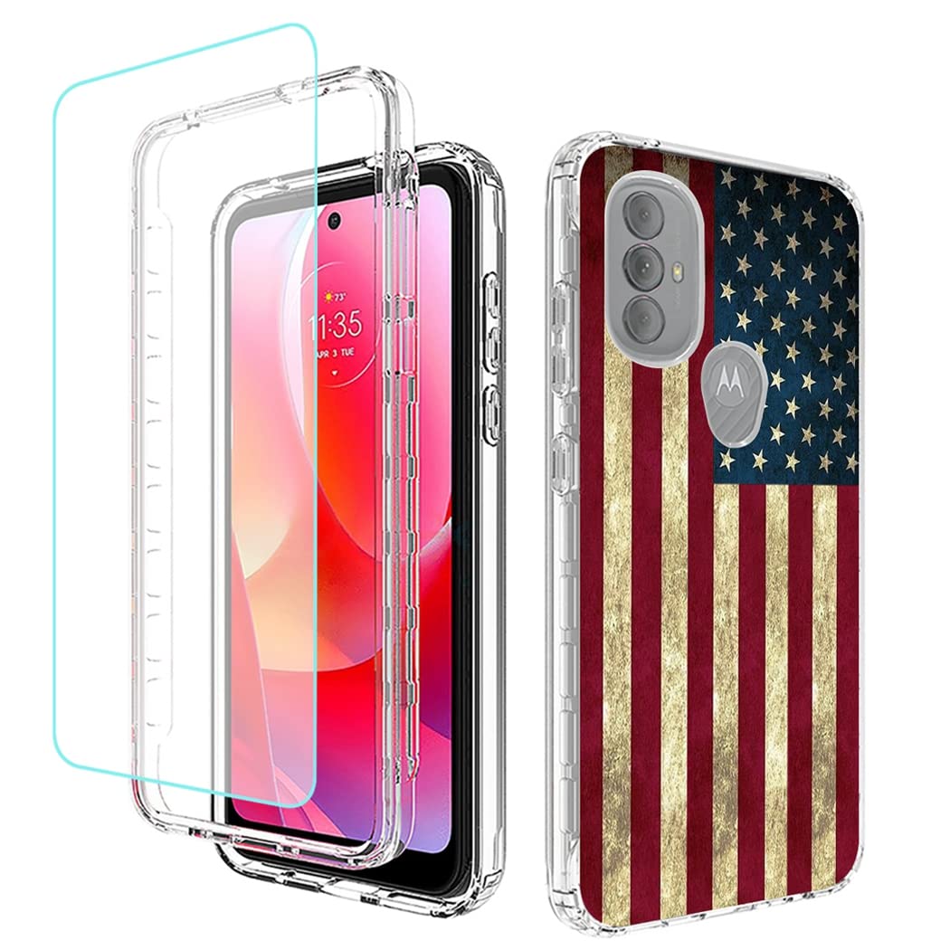 Premium Shockproof Phone Case for Motorola Moto G Power 2022 (XT2165DL) - Clear USA Flag Design with Built-in Tempered Glass Screen Protector | Full Body Protection for Drops & Scratches | Perfect for Outdoor Activities, Travel & Daily Use