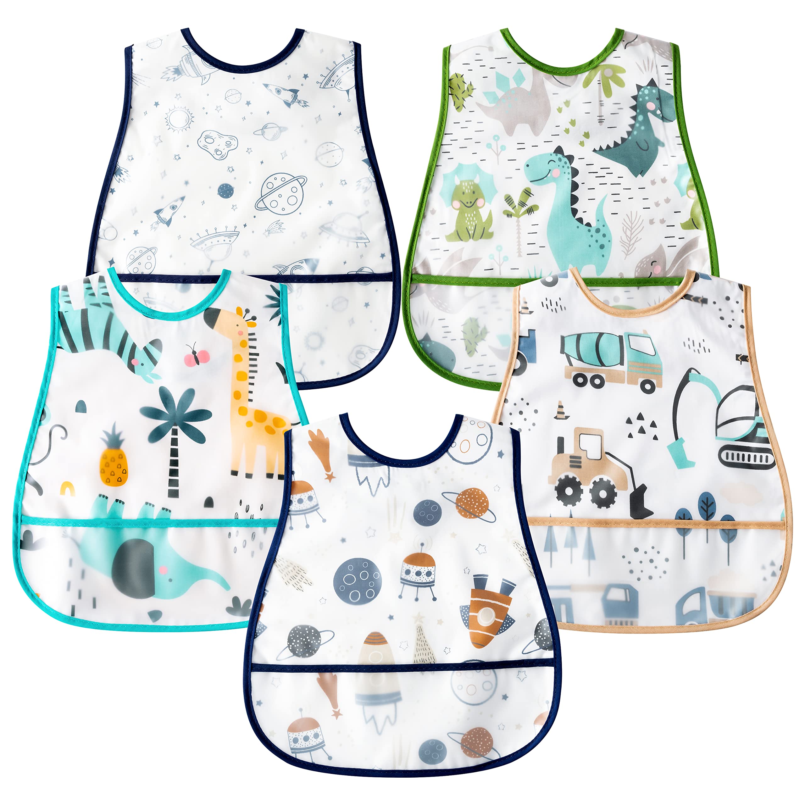 R HORSE 5-Pack Waterproof Baby Bibs with Crumb Catcher Pocket & Snap Buttons - Soft Toddler Feeding Bibs for 6-24 Months - Perfect for Messy Meals, Daycare & Travel