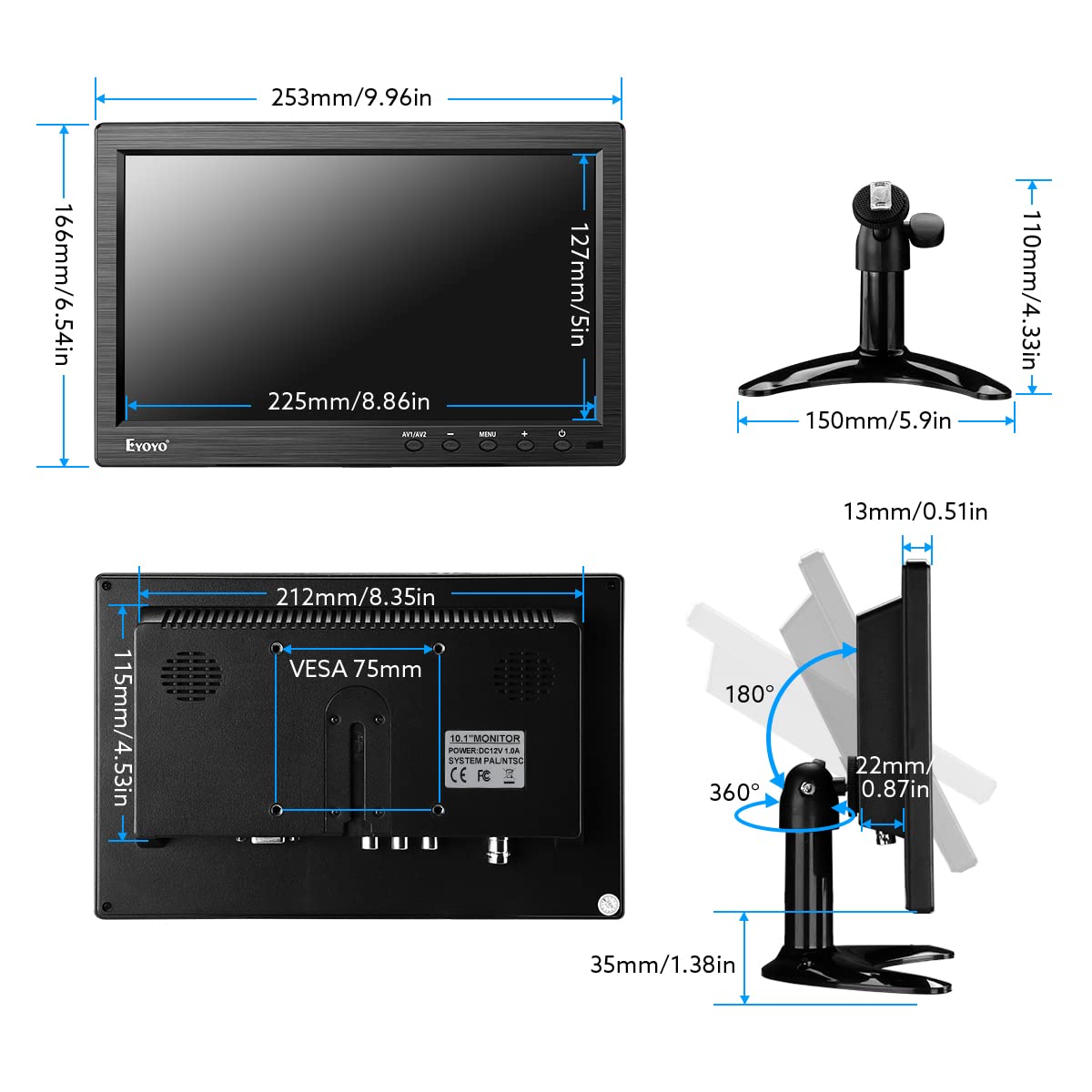 Eyoyo 10 Inch HD TFT LCD Monitor - 1024x600 Resolution, Supports AV/VGA/BNC/HDMI Input for CCTV, DVD, PC & DVR - Built-in Speakers & Remote Control - Ideal for Security Systems, Gaming & Home Entertainment