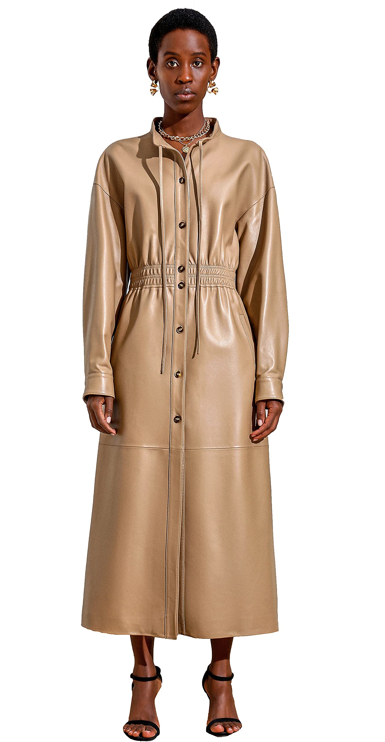 Women's Genuine Leather Long Trench Coat - Slim Fit Stand Collar Maxi Dress Coat in Camel | SmartUniverseWear | Perfect for Office, Evening Out & Fall Fashion