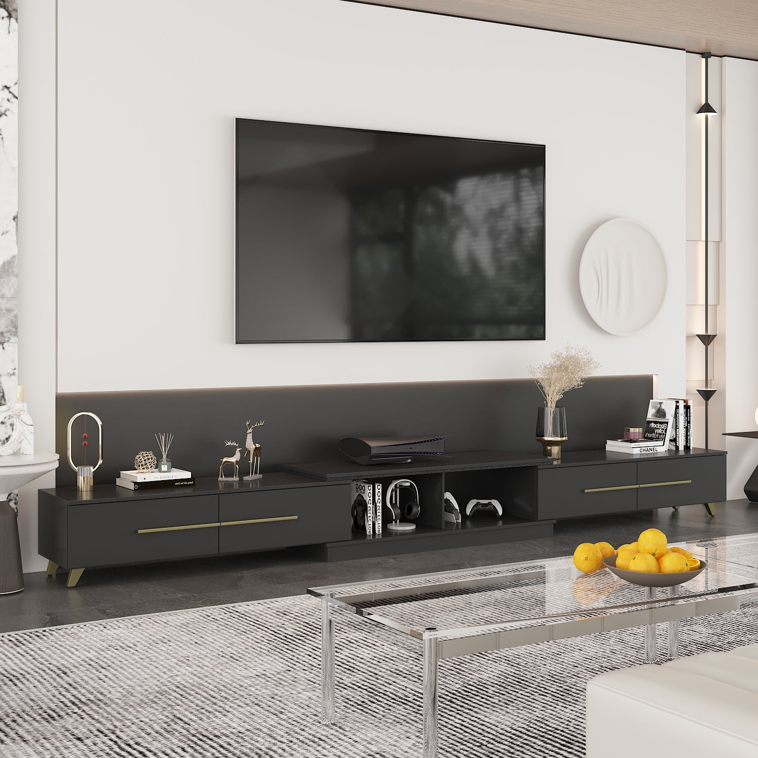 Modern TV Stand with Adjustable Length, Storage Drawers & Sturdy Legs - Perfect for Living Room, Bedroom & Home Theater Setup