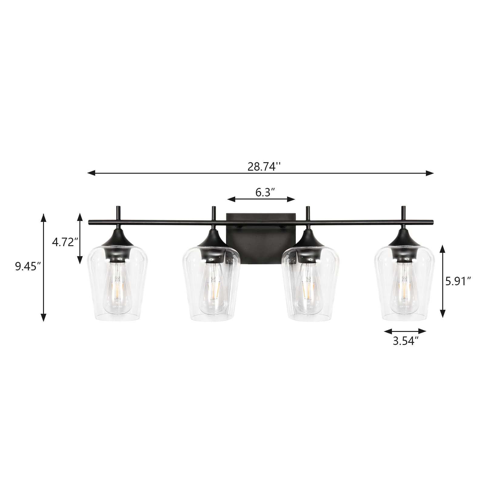 Modern Black Bathroom Vanity Light Fixture - 4-Light Wall Sconce with Clear Glass Shade for Bathroom, Living Room, Bedroom, Stairs, Gallery & Restaurant | Perfect for Home Decor, Hotel Lighting and Commercial Spaces