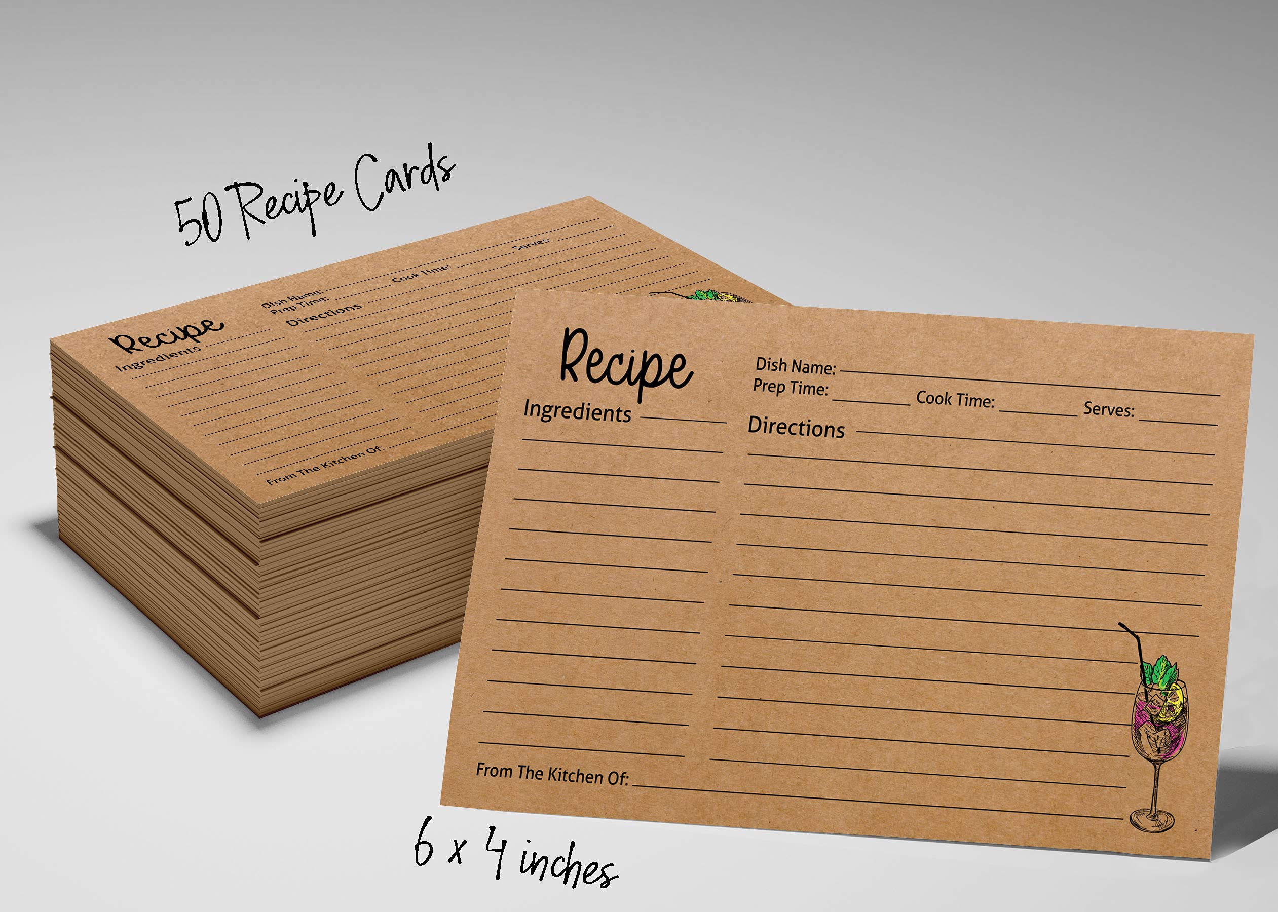 6x4 Inch Single-Sided Kraft Recipe Cards - Mocktail & Cocktail Recipe Design for Wedding, Bridal Shower & Baby Shower - Pack of 50 - Perfect for DIY Party Favors & Home Organization