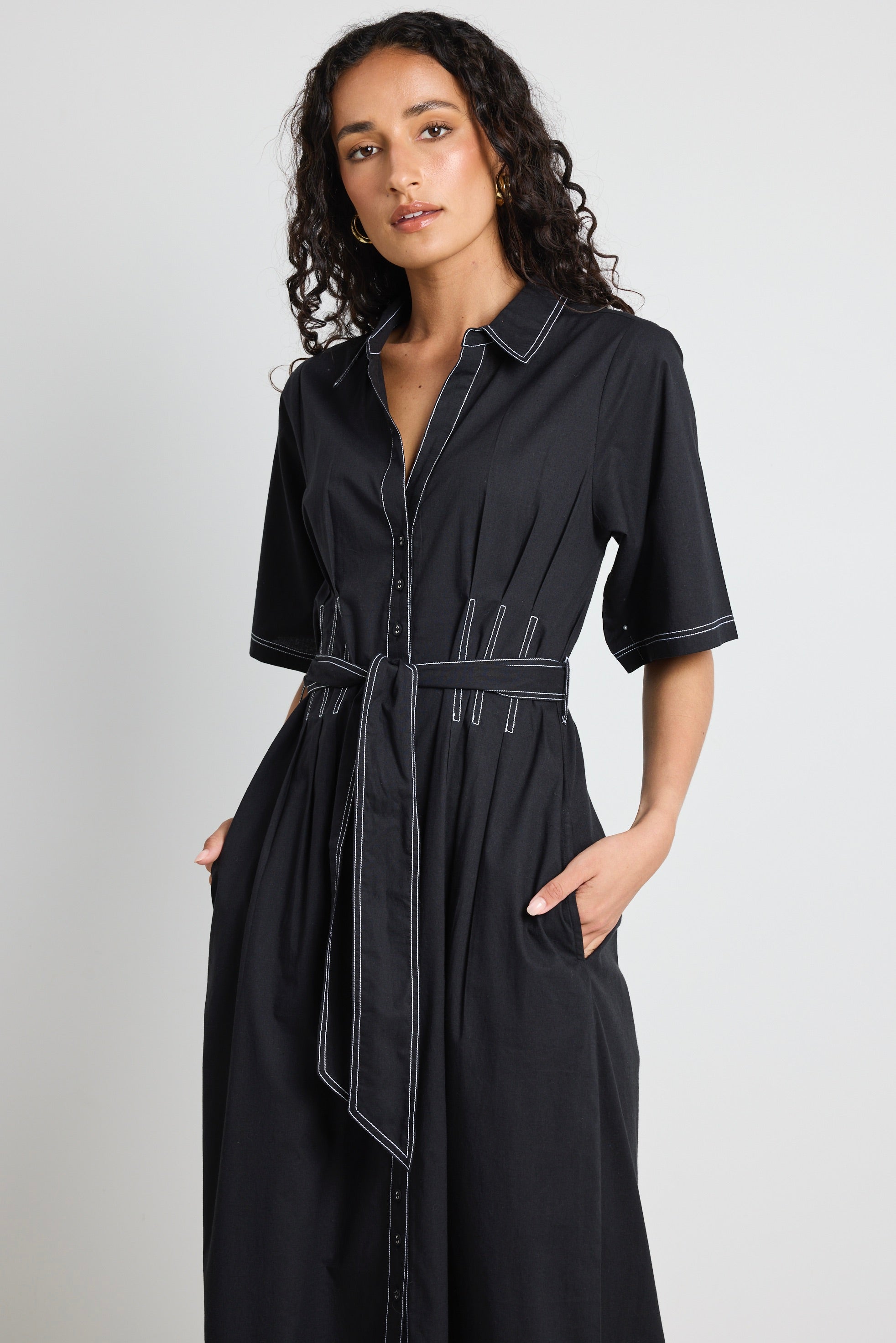 Black Cotton Short Sleeve Midi Shirt Dress for Women - Casual Summer Office Wear & Vacation Outfit