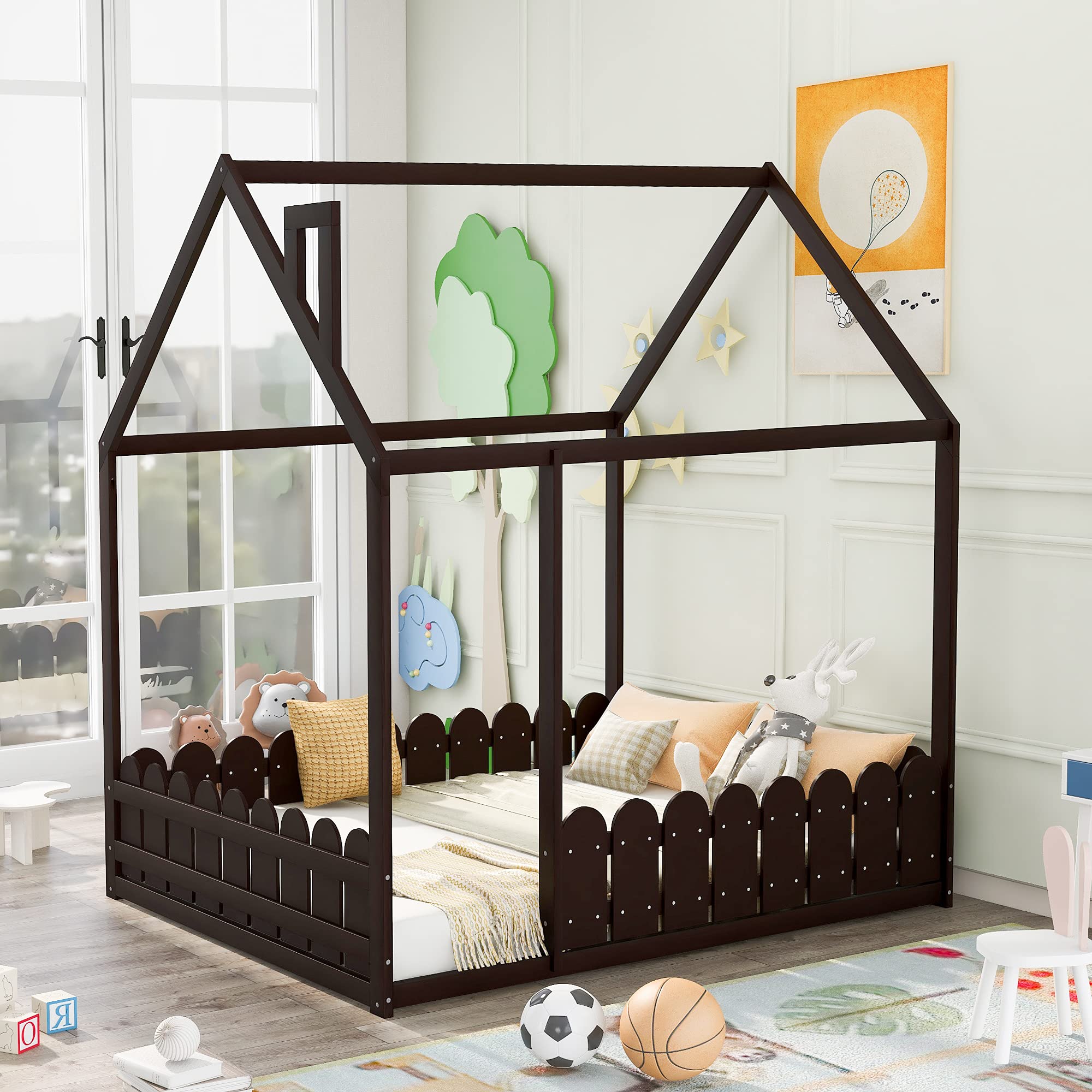 Solid Wood Full House Bed for Kids & Toddlers - Heavy Duty Children's Bed Frame with Unlimited Weight Capacity (Espresso) - Perfect for Nursery, Bedroom, Playroom & Montessori Style Decor