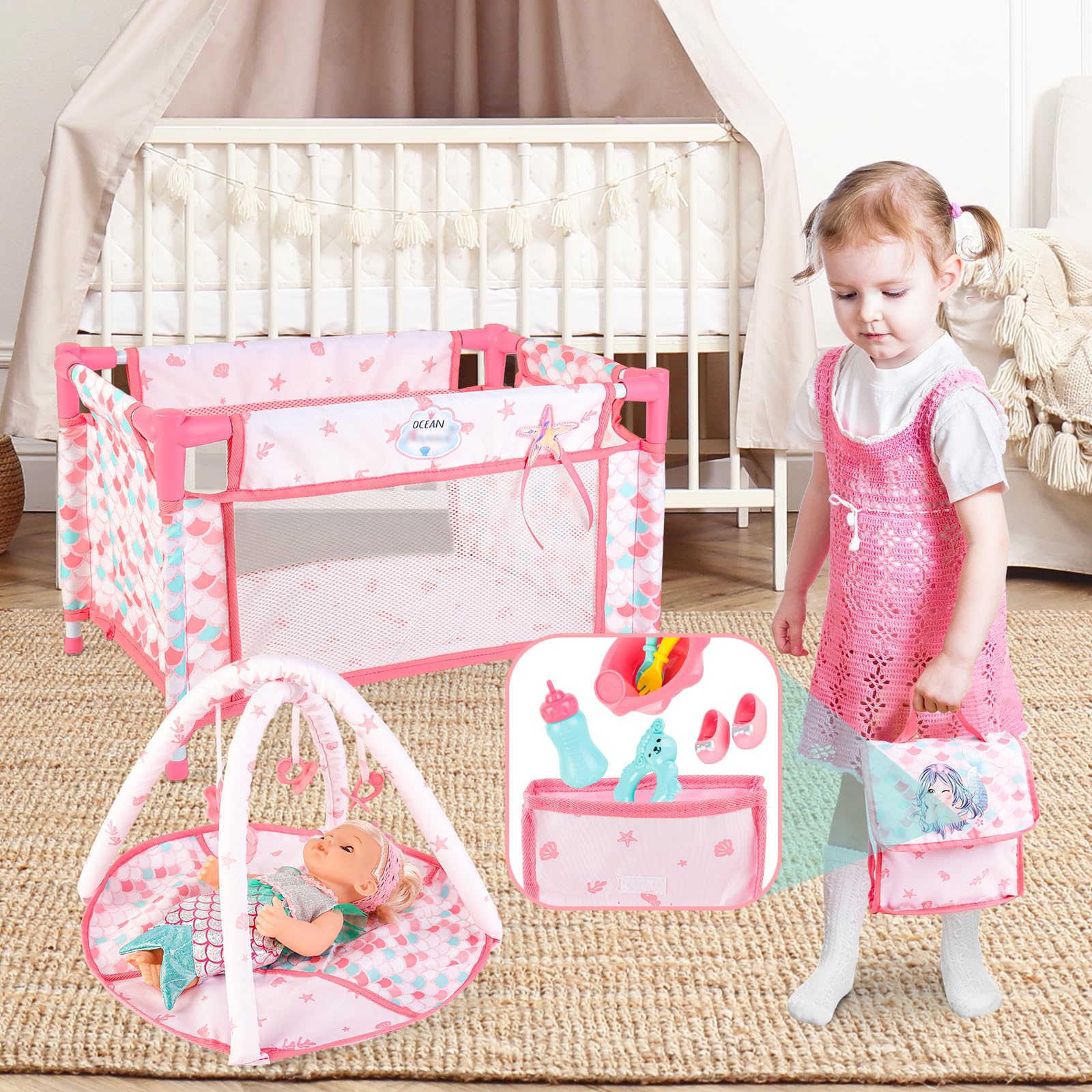 deAO Baby Doll Stroller & Crib Bed Set - Foldable Nursery Play Set with Travel Cot, Play Mat & Carry Bag - Perfect for Role Play, Birthday Gifts for Girls & Boys | Indoor Playtime, Pretend Parenting, Travel Companion