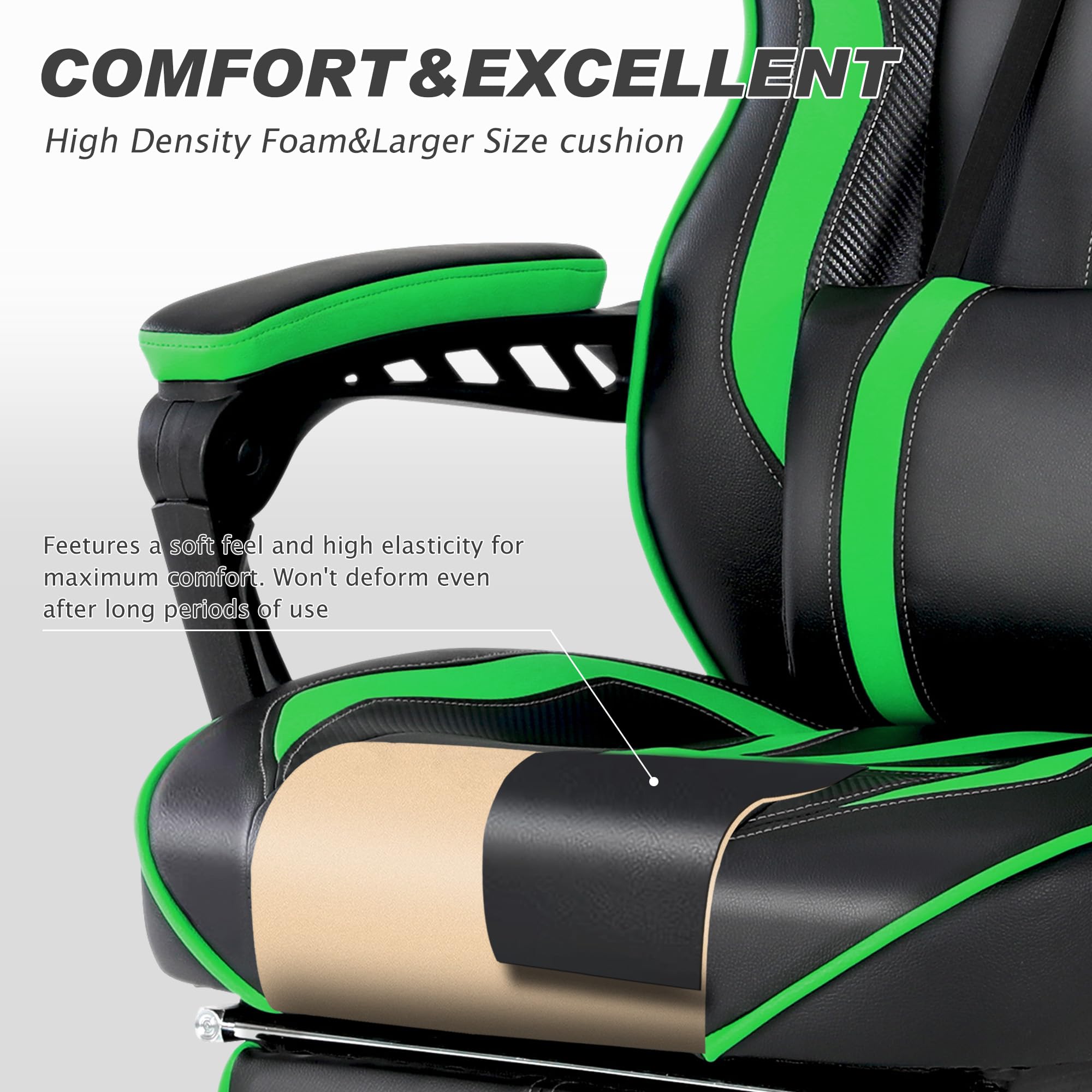 Vonesse Ergonomic Gaming Chair with Adjustable Footrest & Lumbar Massage - Big and Tall Reclining Computer Game Chair for Adults & Teens - High Back Video Gaming Chair for Office & Home (Green/Black) - Perfect for Esports, Streaming & Long Gaming Sessions
