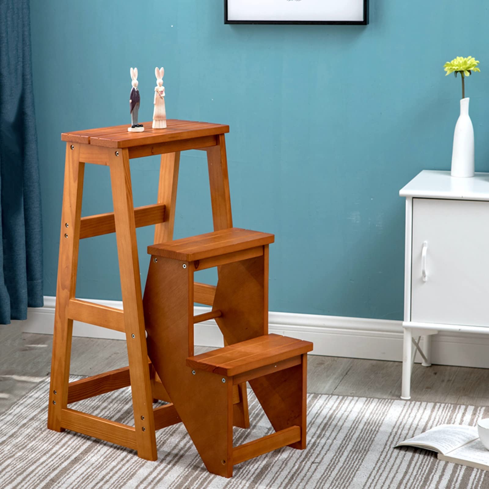 Foldable Wooden Step Stool for Kitchen, Non-Slip Indoor Climbing Stool with Handrail, Portable Ladder Shelf for Plants & Home Storage - Perfect for Reaching High Cabinets, Organizing Pantry & Decorating Spaces