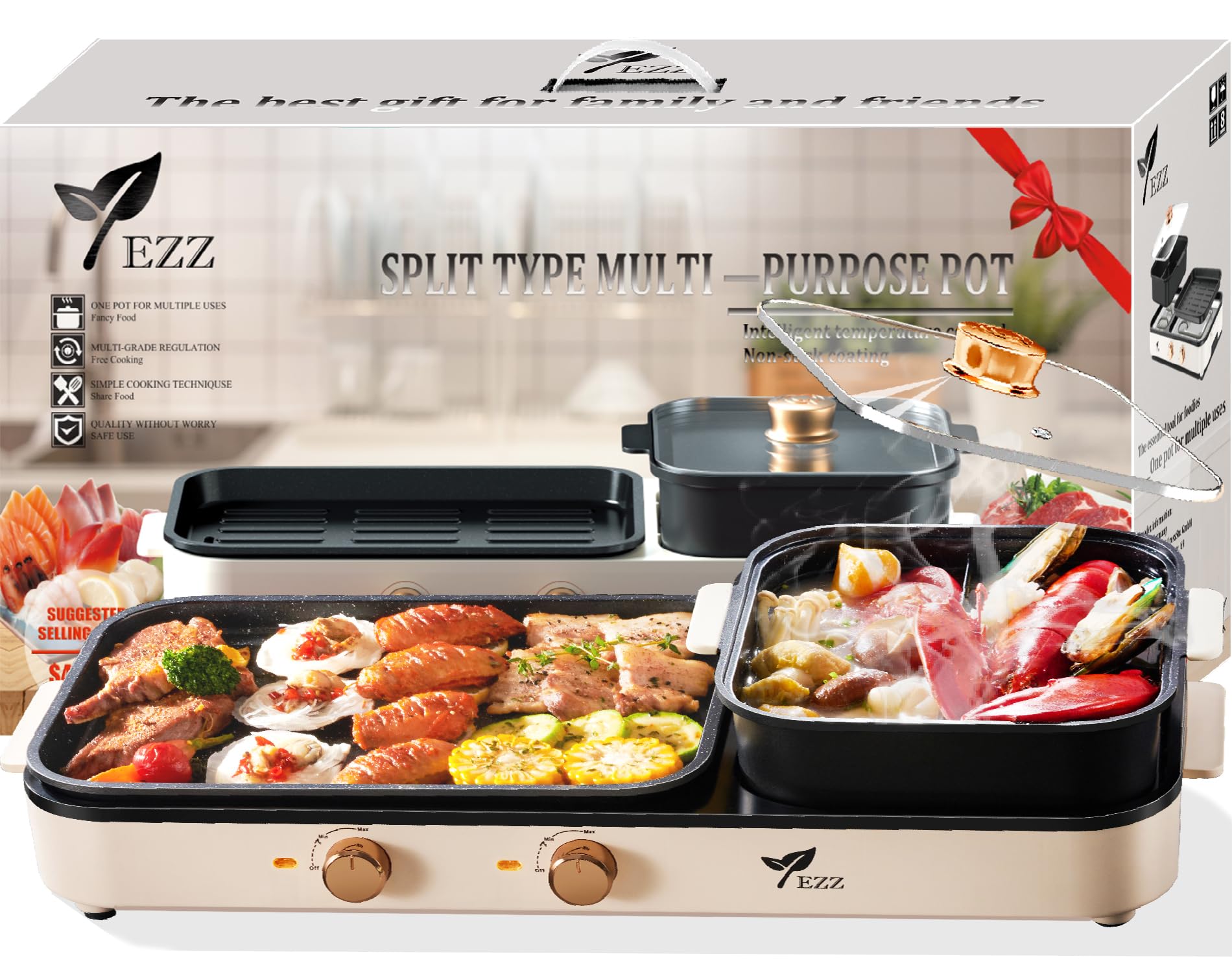 Electric Hot Pot with Grill - 2-in-1 Multi-Function Smokeless Shabu Shabu & Korean BBQ Grill with Dual Temperature Control for 2-10 People - Perfect for Indoor Family Gatherings, Dinner Parties & Asian Hot Pot Nights
