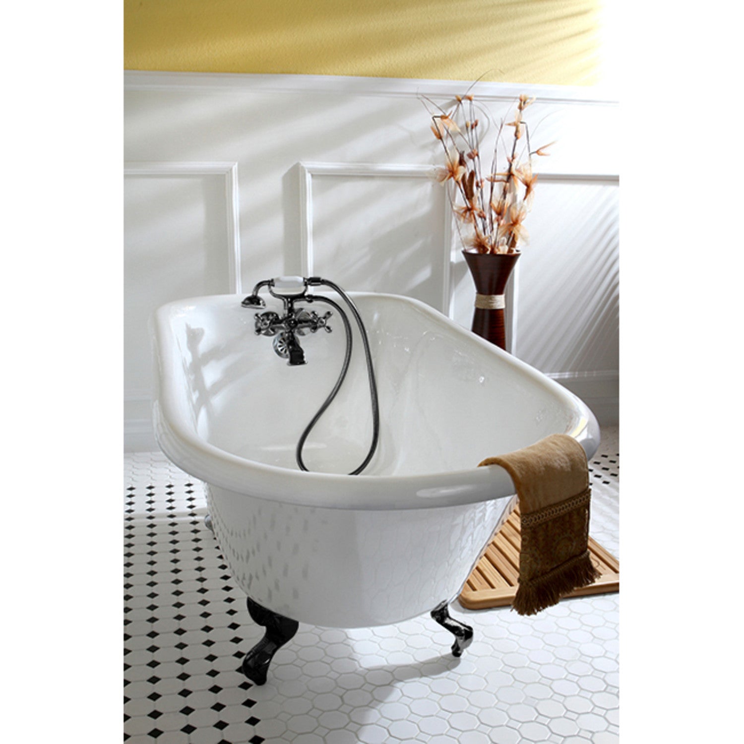 48 Inch White Matte Black Cast Iron Clawfoot Bathtub - Aqua Eden VCT3D483018NT0 Classic Flat Rim Roll Top Tub with 3 3/8 Inch Wall Drillings | Vintage Bathroom Decor, Luxury Spa Experience, Freestanding Soaking Tub for Master Bathrooms