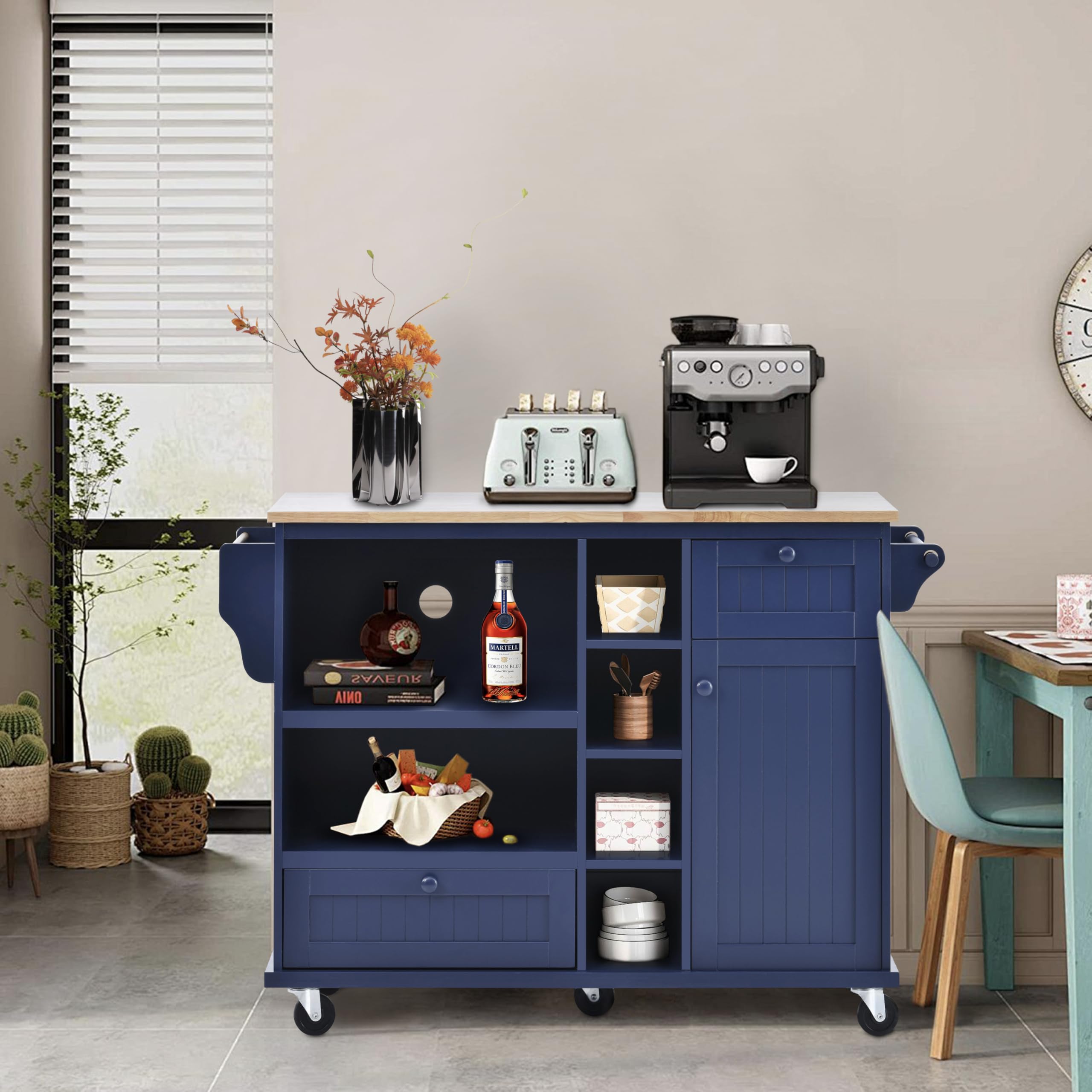 Solid Wood Kitchen Island Cart with Storage Cabinet & Microwave Shelf - Mobile Kitchen Cart for Dining Room, Living Room - Perfect for Small Spaces & Entertaining (Dark Blue)