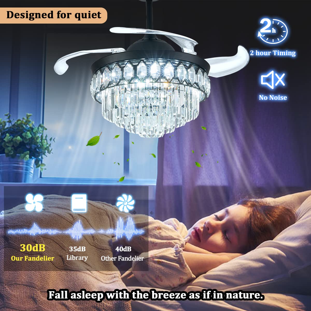 CLAIRDAI 42 Inch Retractable Crystal Ceiling Fan with Light - Dimmable LED Chandelier Fan, 6 Speed Settings & 3 Lighting Modes, Memory Function - Perfect for Living Room, Bedroom, and Dining Room Decor