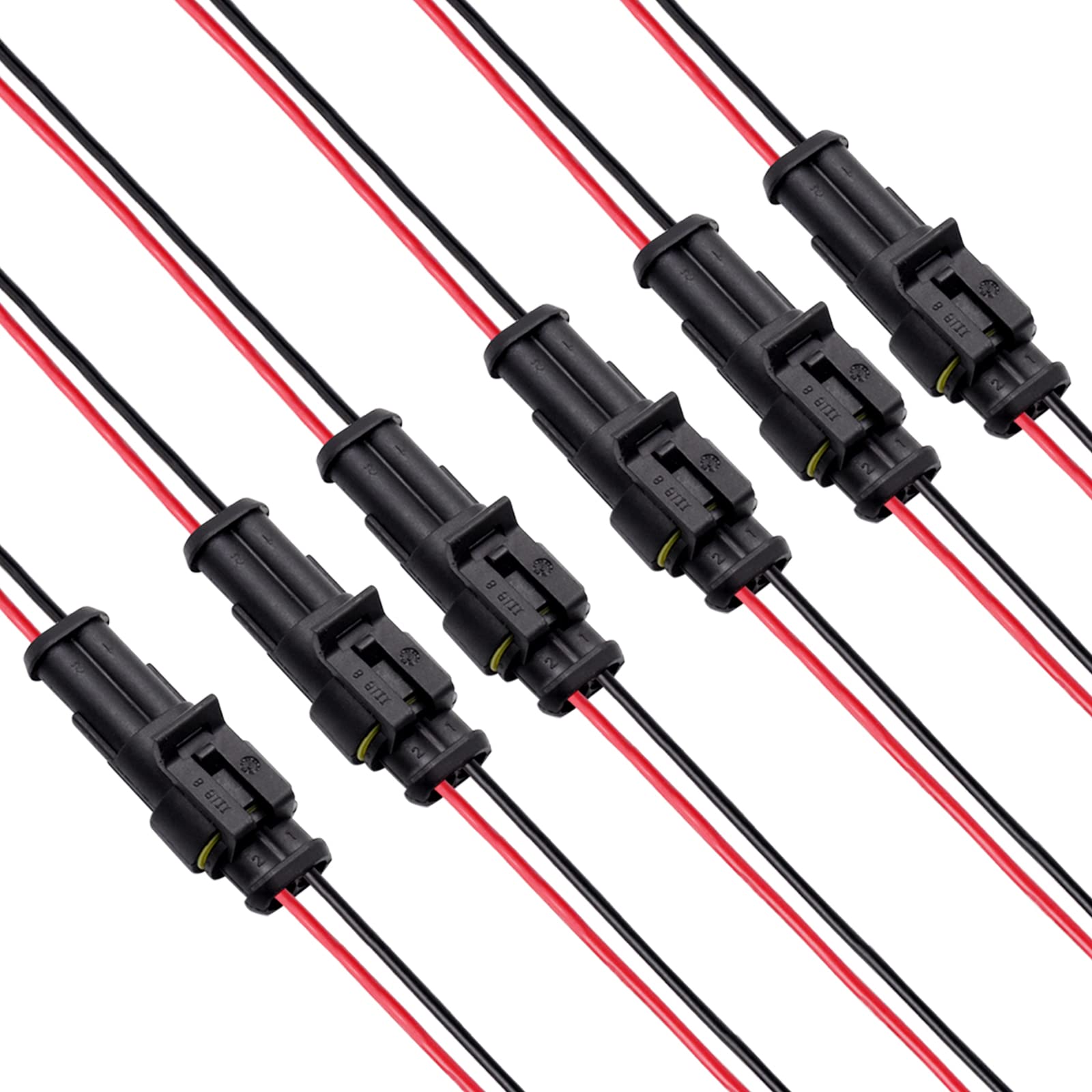 2 Pin Waterproof Electrical Connectors (6-Pack) - 18 AWG Automotive Wire Connectors for Motorcycle, Car, Boat - Secure Plug-in Connection for Harsh Weather & Marine Environments