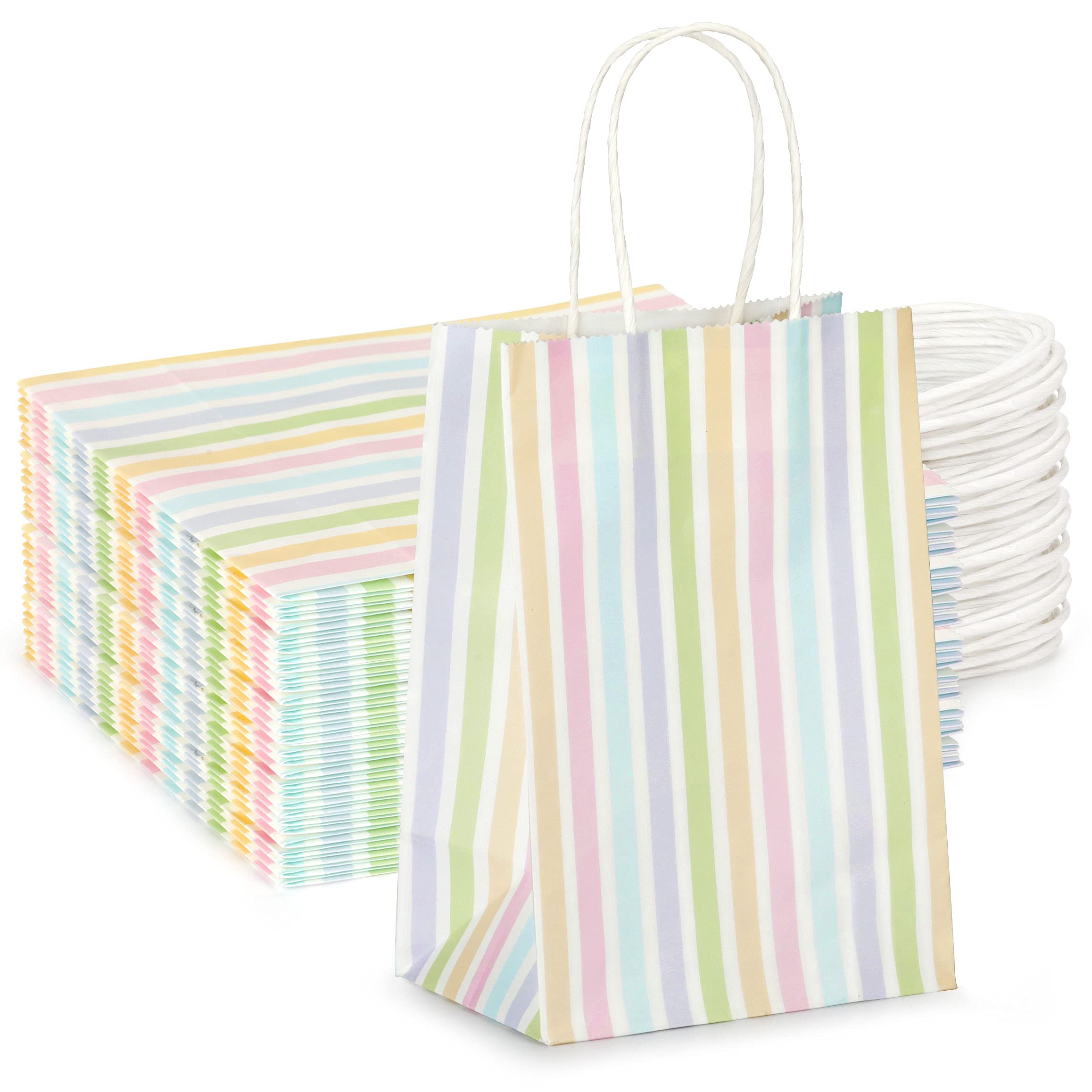 UCIBO 50Pcs 5x3.75x8 Inch Color Striped Kraft Paper Gift Bags with Handles - Bulk Recyclable Shopping Bags for Retail, Holiday Parties, Birthday Favors & Wedding Decorations