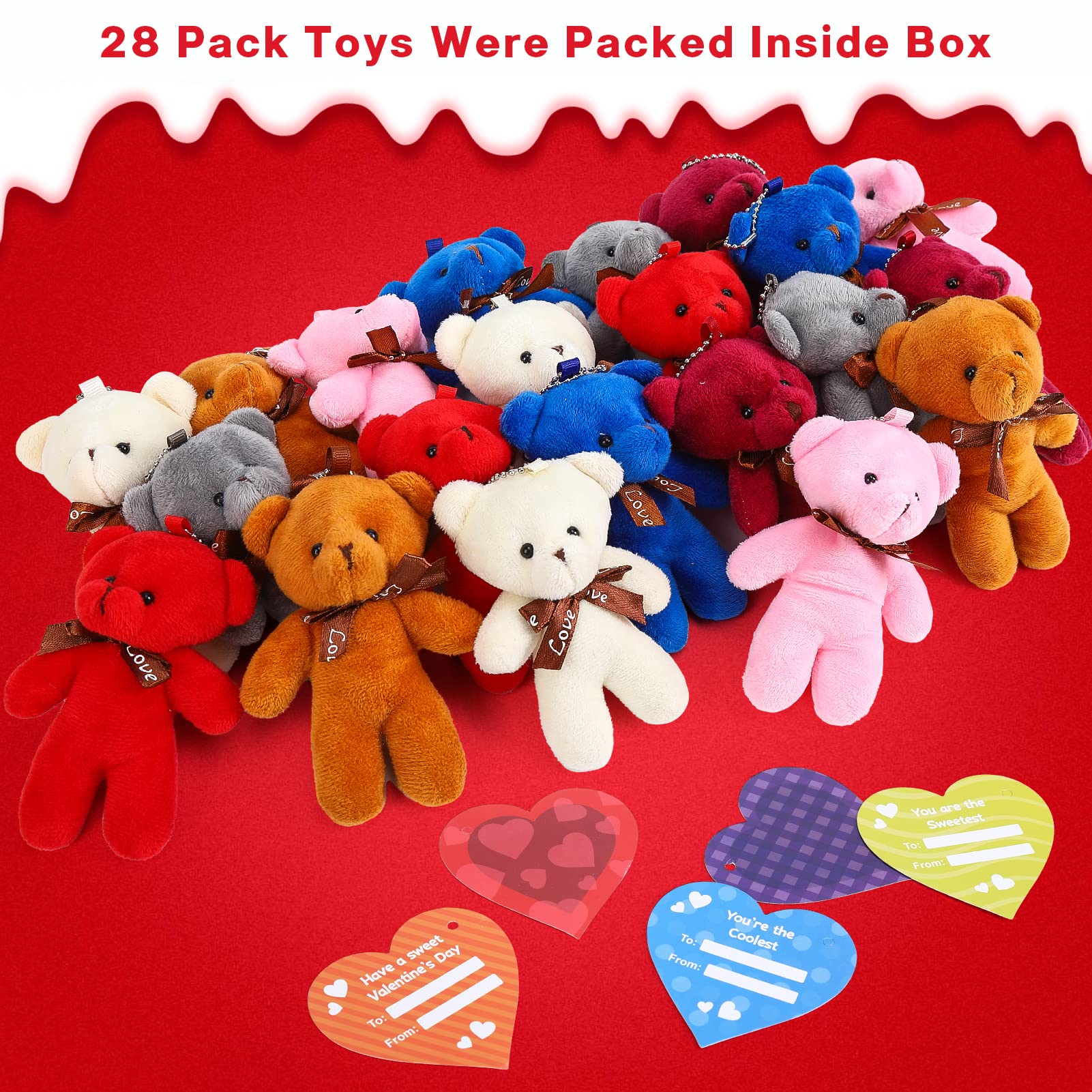 Acekid 28PCS Valentine's Day Plush Bear Stuffed Keychain Toys for Kids - Mini Animal Plush Gifts for Valentine's Exchange, School Classroom Prizes & Party Favors - Perfect for Valentine's Day Gifts, Classroom Rewards, and Party Giveaways