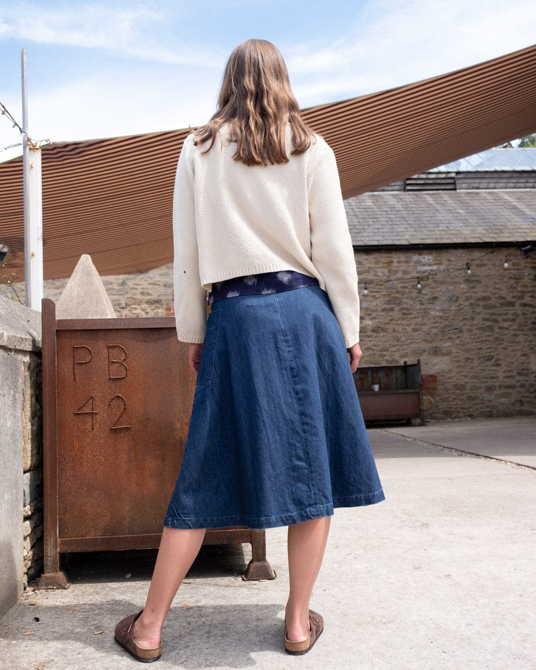Elsie Women's Cotton Midi Skirt - Blue Denim A-Line Skirt for Casual Wear, Office & Summer Outfits | Comfortable Stretch Waist Skirt