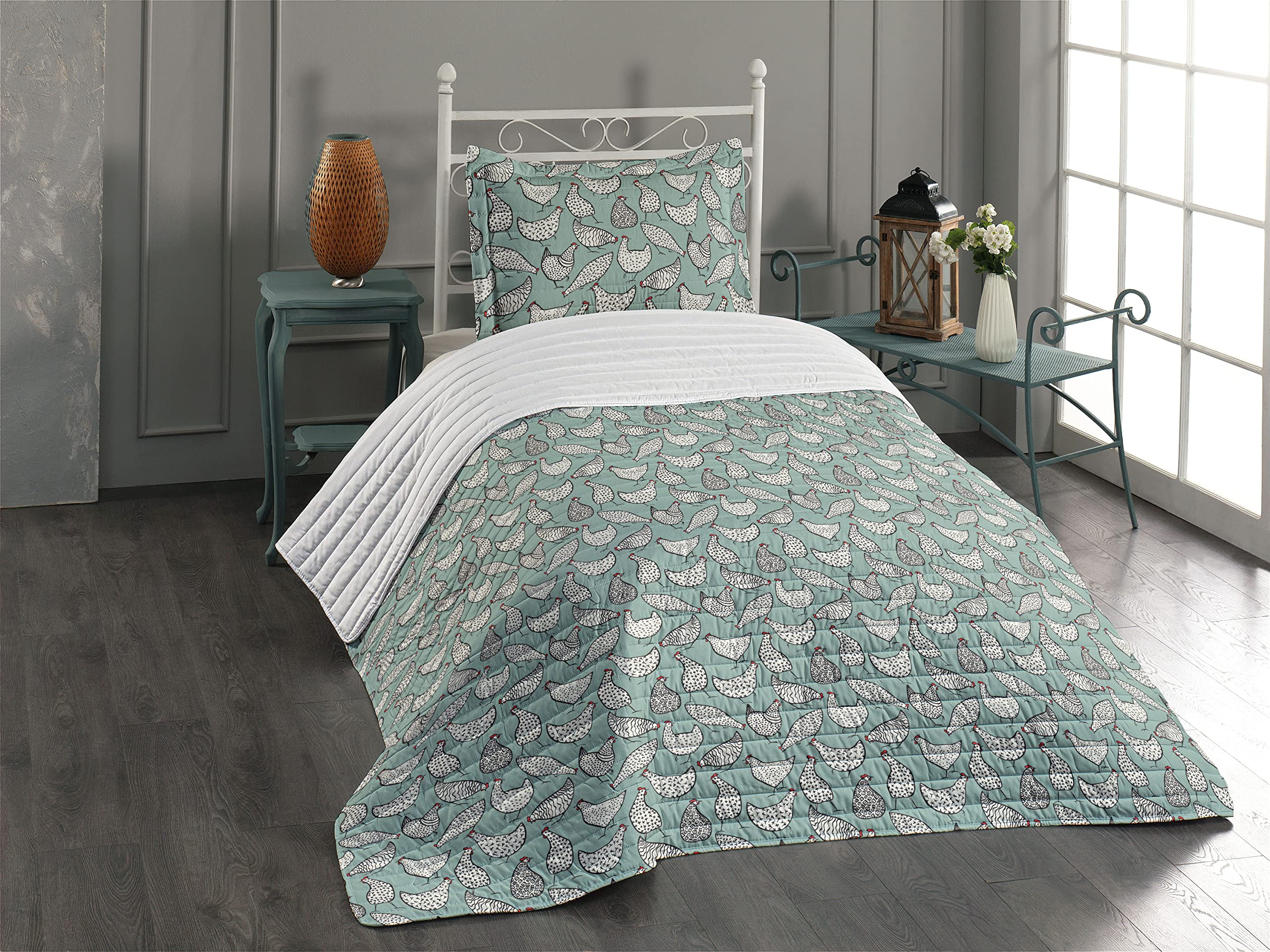 Ambesonne Chicken Print Microfiber Bedspread Set - Minimalist Stripes & Dots Farmhouse Design, Soft Twin Size Comforter with Pillow Shams in Almond Green & White | Perfect for Countryside Themed Bedrooms, Guest Rooms & Farmhouse Decor
