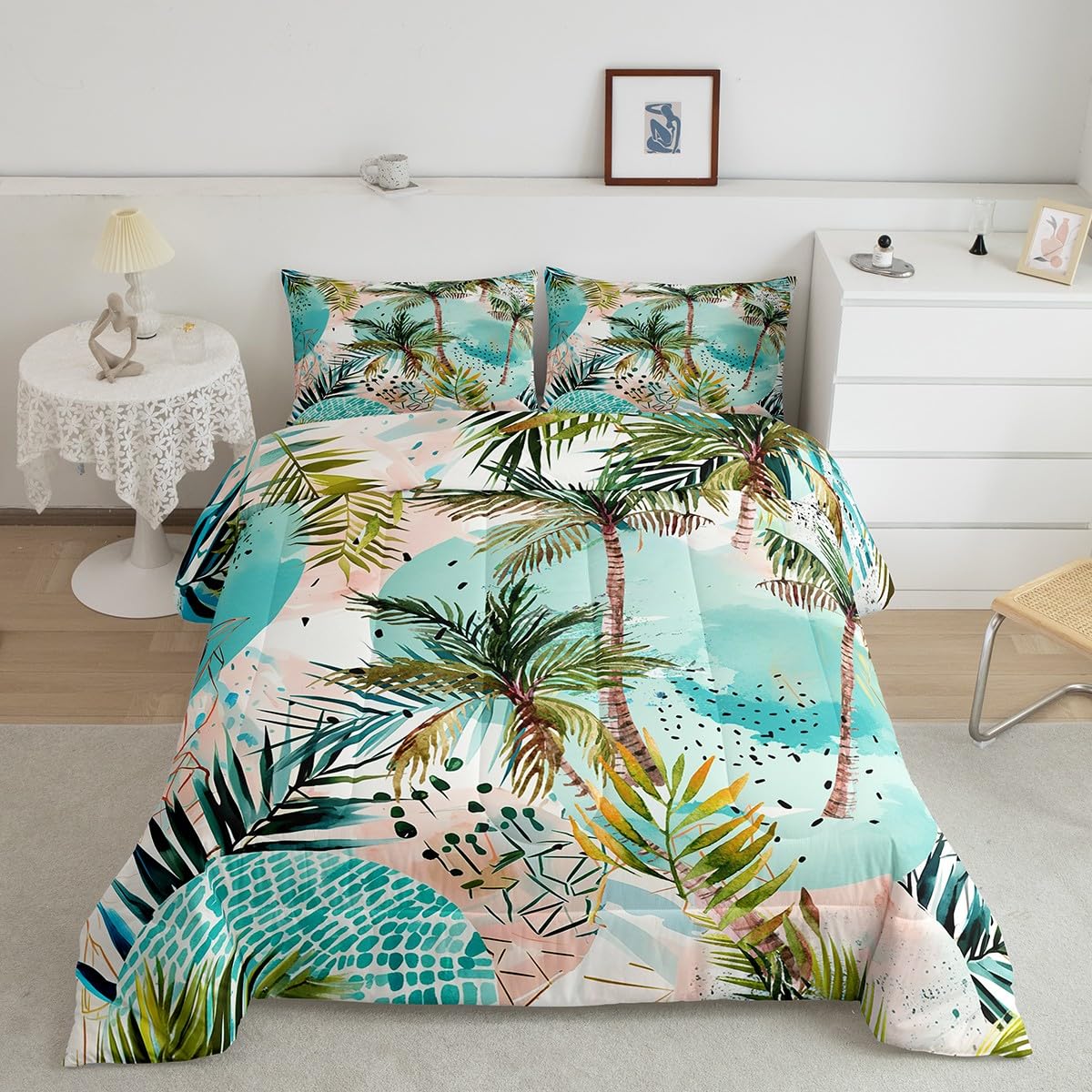 Manfei Tropical Comforter Set Queen Size - Palm Tree Duvet Cover with 2 Pillowcases, Ocean Beach Theme Watercolor Bedding for Kids, Boys & Teens - Perfect for Coastal Decor, Summer Bedrooms & Vacation Home Styling