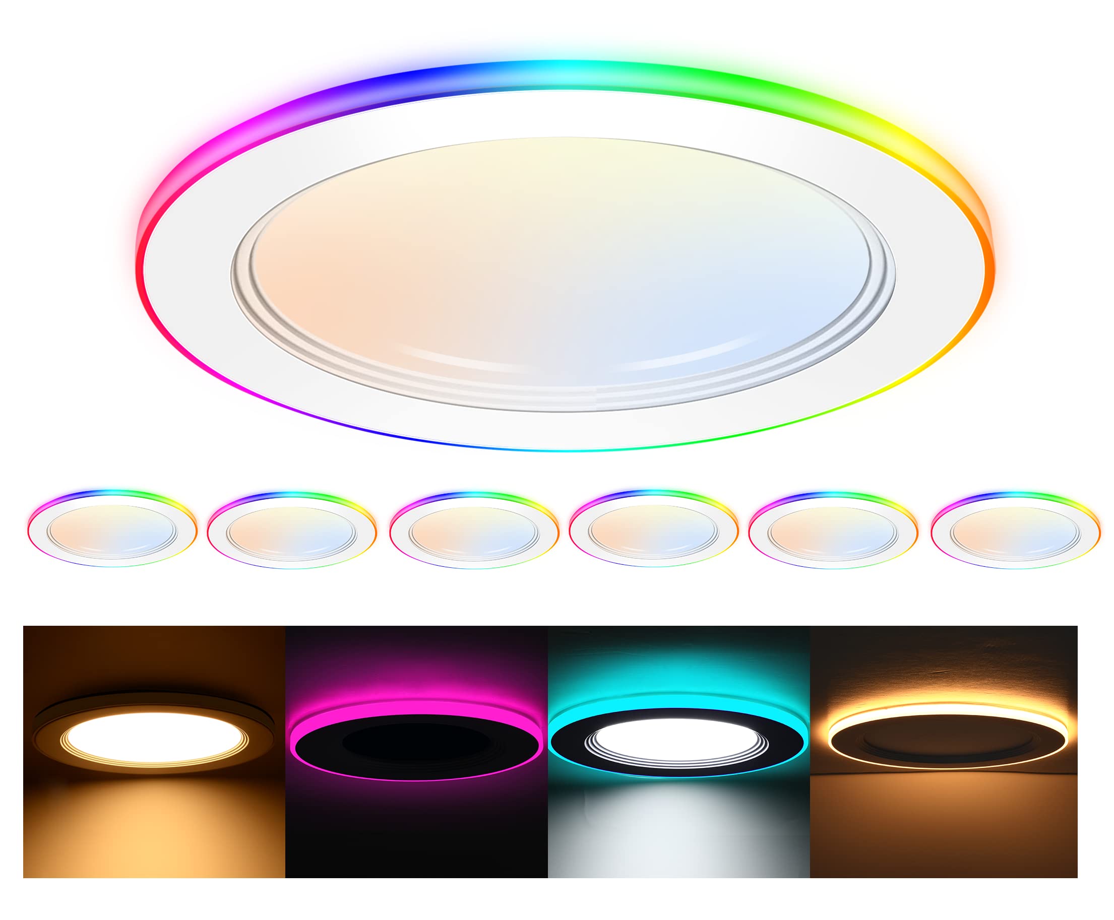 CLOUDY BAY [6 Pack] 6 Inch Smart LED Recessed Ceiling Light with RGB Backlight - 15W 2700K-6500K Color Temperature, 3W Color Changing Ultra-Thin Recessed Lighting, Baffle Trim Wafer Downlight with Hub - Perfect for Living Room, Bedroom, Kitchen, and Home Theater Lighting