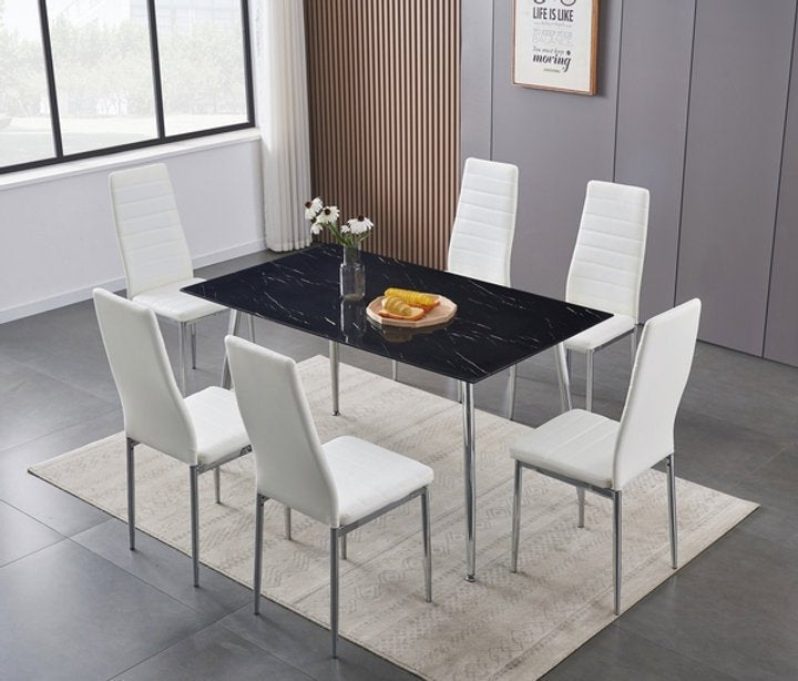 7-Piece Black Marble Glass Dining Table Set with White Horizontally Stitched Chairs - Modern Kitchen & Dining Room Furniture for Family Gatherings & Dinner Parties
